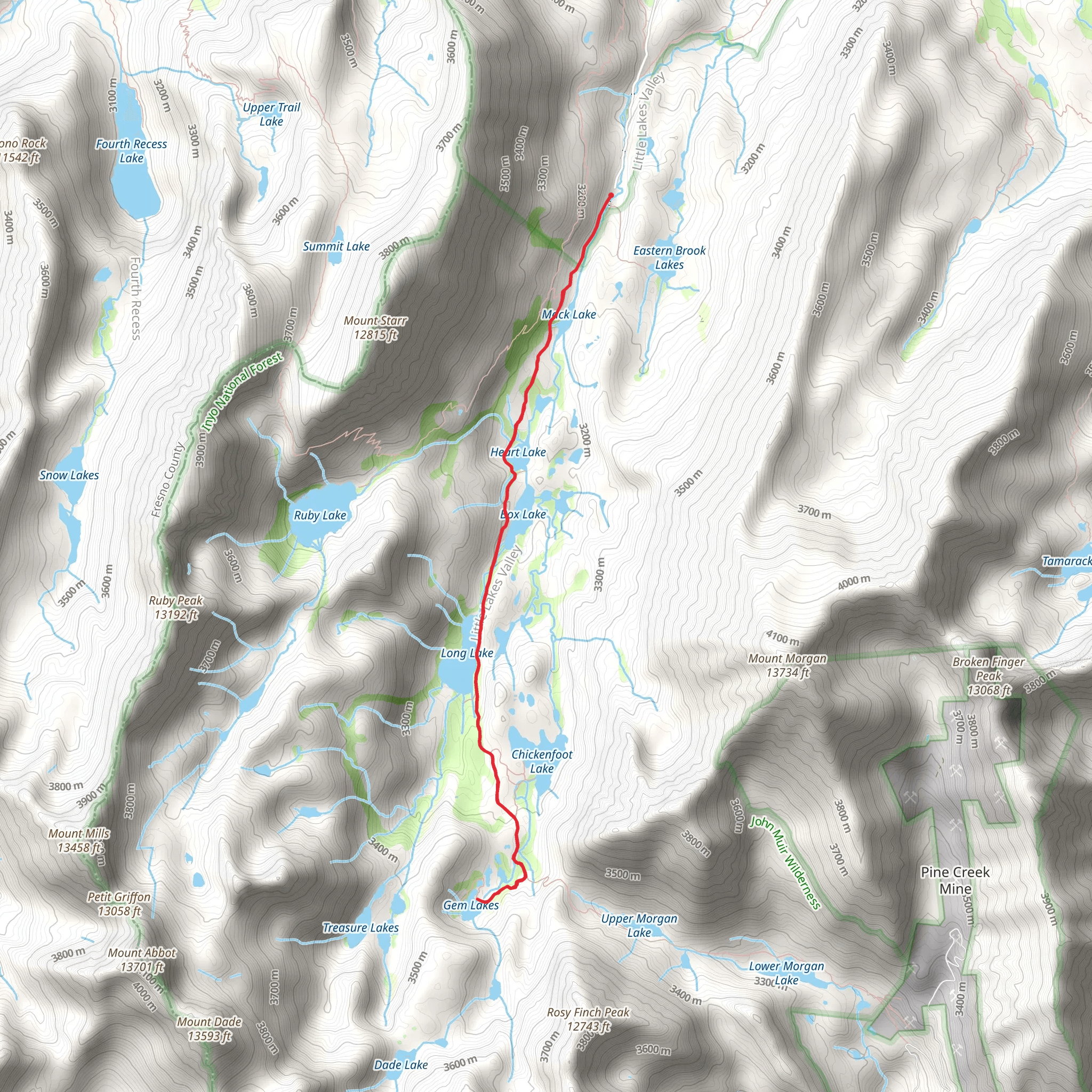 Gem Lake, Heart Lake via Little Lakes Valley Trail mobile static map