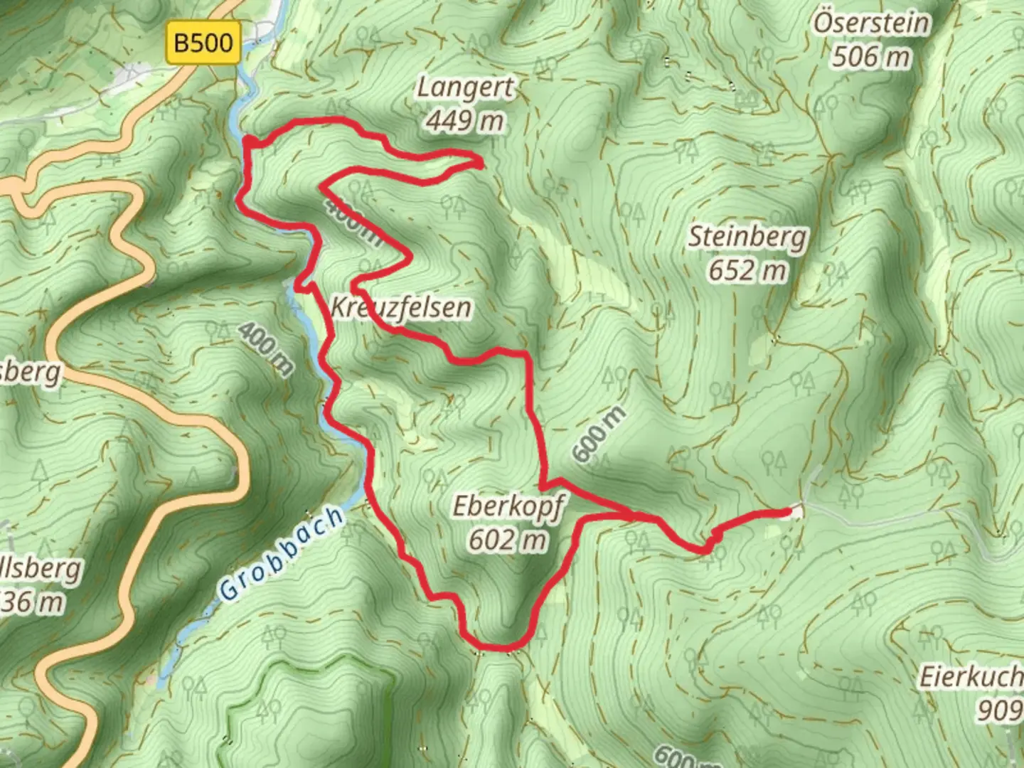 An image depicting the trail Kreuzfelsen Rundweg Loop and its surrounding area.
