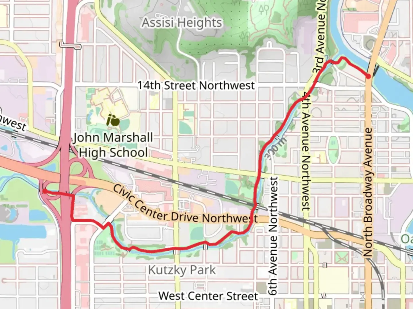 An image depicting the trail Cascade Creek Trail from Broadway Avenue North and its surrounding area.