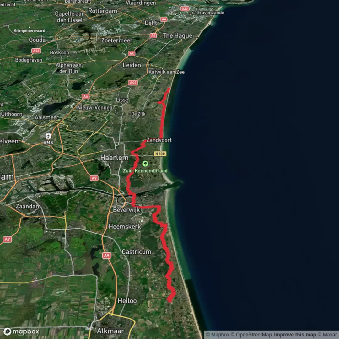 An image depicting the trail Herenweg to Noordwijk aan zee via Van Oldenborghweg and Rijwielpad Boswachterij Noordwijk and its surrounding area.