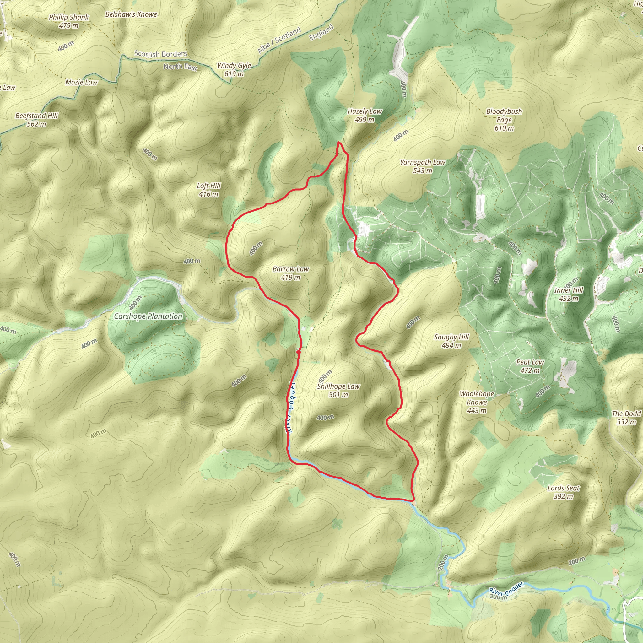 Loop around Shillhope Law, Barrow Law and River Usway Burn mobile static map