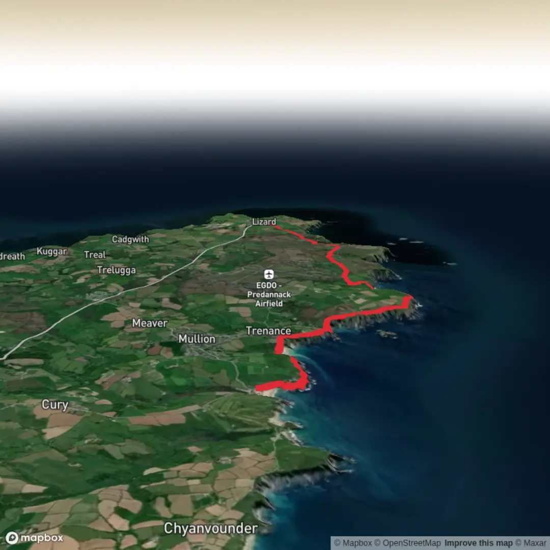 An image depicting the trail Poldhu -> The Lizard and its surrounding area.