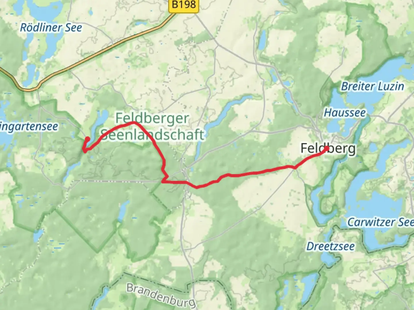An image depicting the trail Feldberg to Gruenower See via Müritz-Nationalpark and its surrounding area.