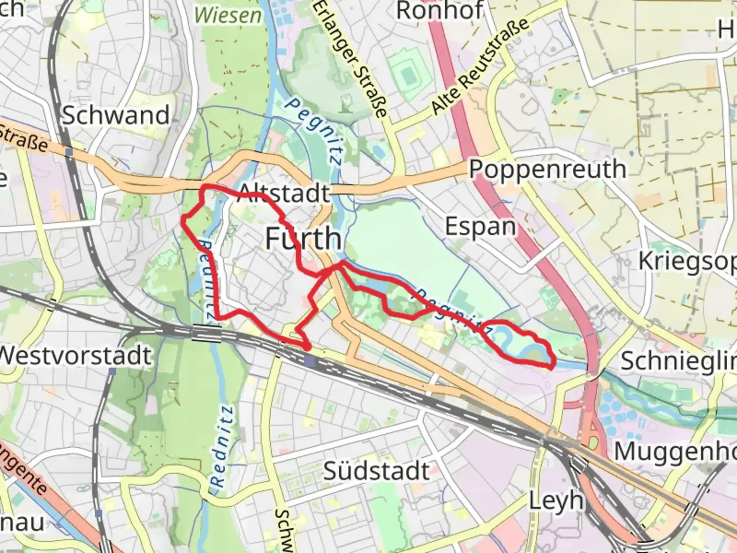 An image depicting the trail Stadtparkweiher and Pegnitz via Fuerther Heilquellen Weg and its surrounding area.