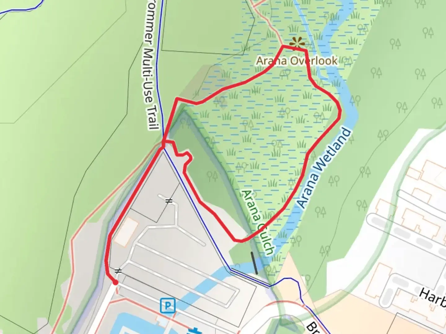 An image depicting the trail Arana Wetland Loop and its surrounding area.