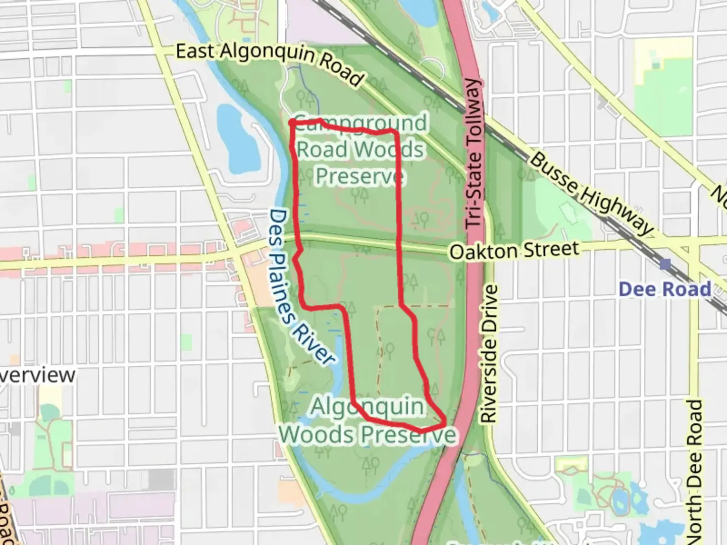 An image depicting the trail Campground Road Woods Loop and its surrounding area.