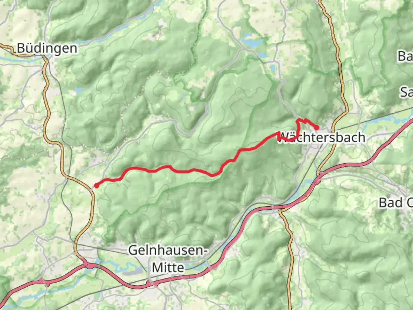An image depicting the trail Gettenbach to Waechtersbach and its surrounding area.