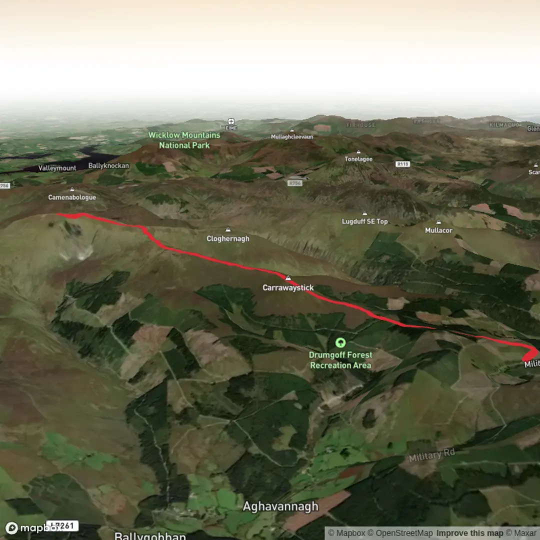 An image depicting the trail Drumgoff to Lugnaquilla over Carrawaystick, Corrigaslegguan & Kelly’s Lough and its surrounding area.