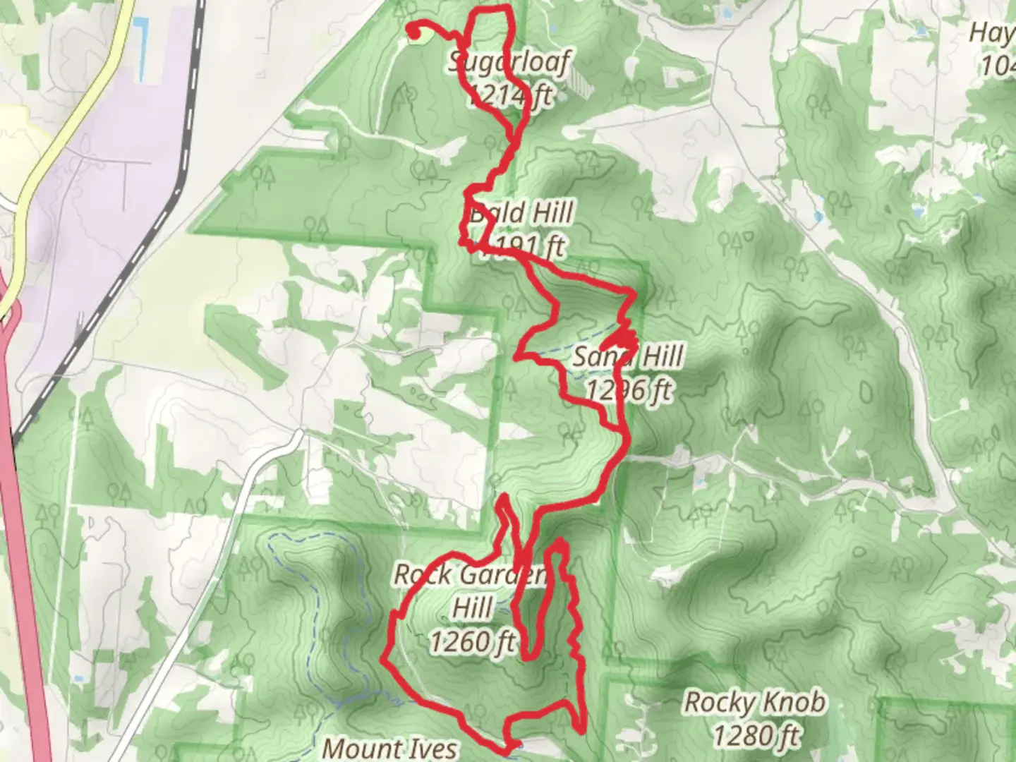 An image depicting the trail Sugarloaf Mountain, Rick's Revenge and Rock Garden Loop Trail and its surrounding area.