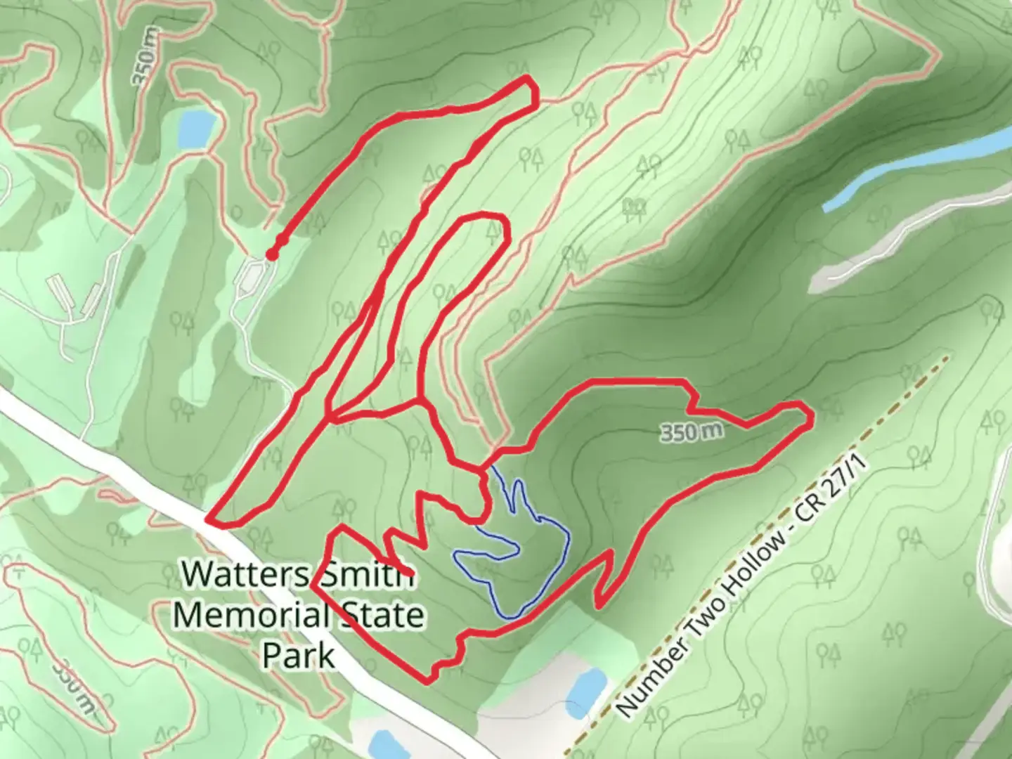 An image depicting the trail Dogwood, White Oak and Extension Hickory Loop and its surrounding area.
