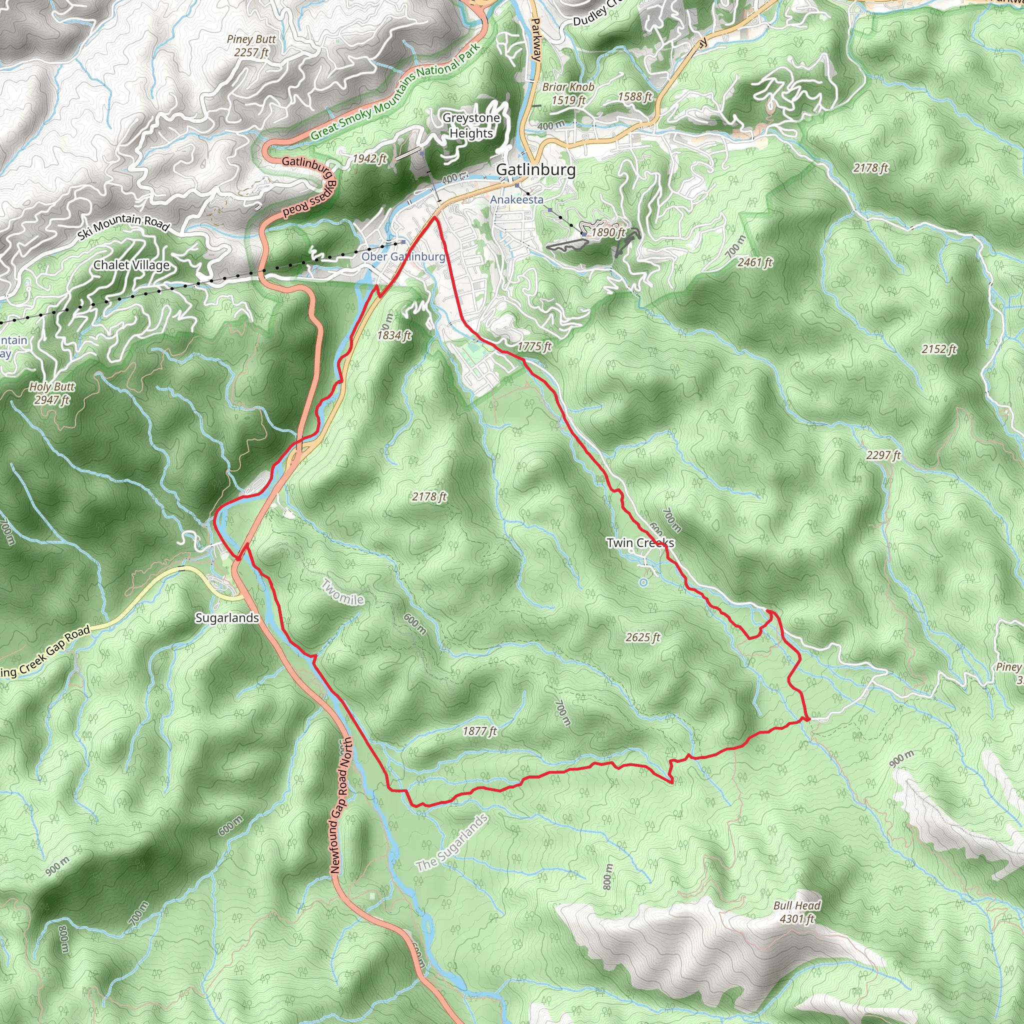 Gatlinburg, Twin Creeks and Old Sugarlands Loop Trail mobile static map