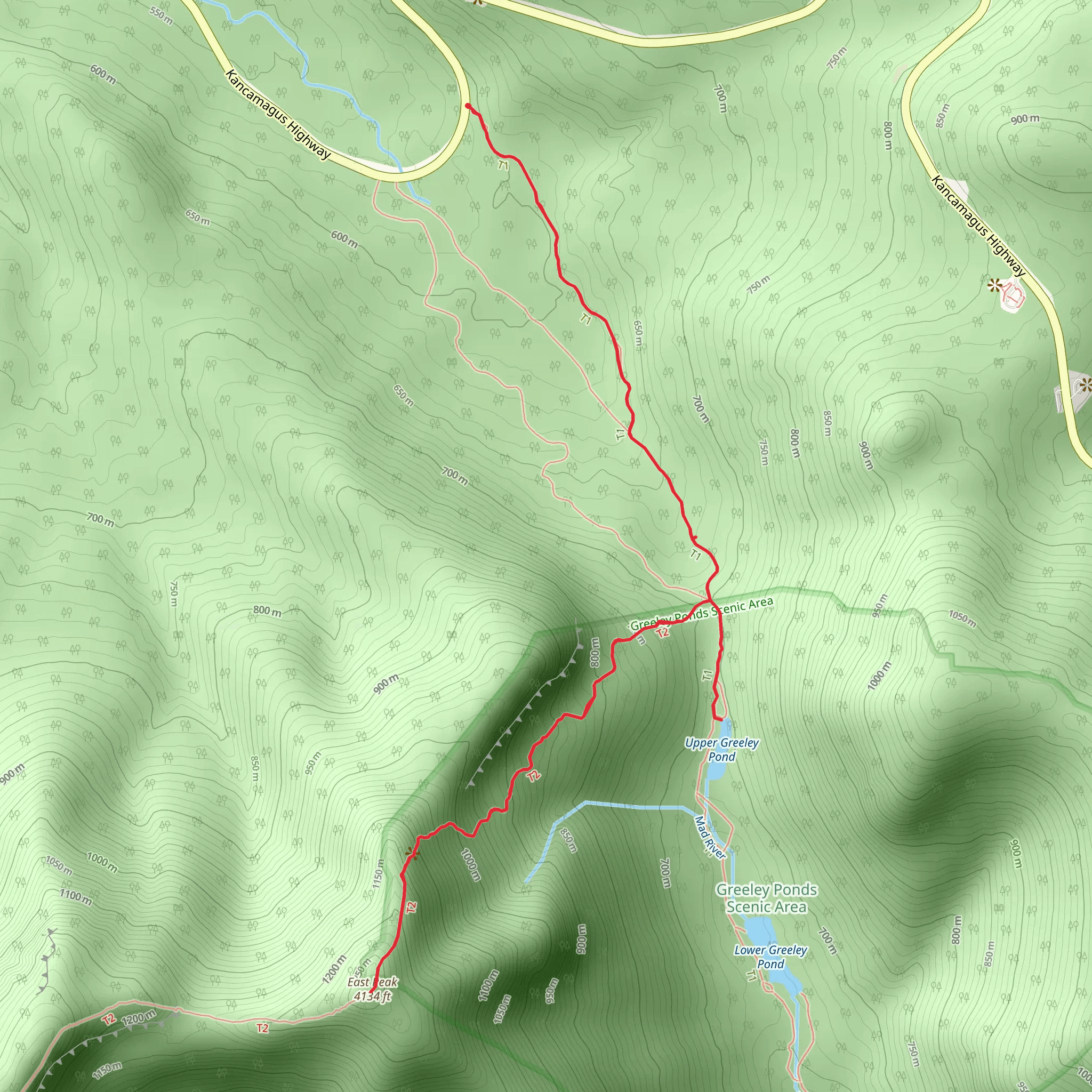 East Peak and Upper Greeley Pond Trail mobile static map