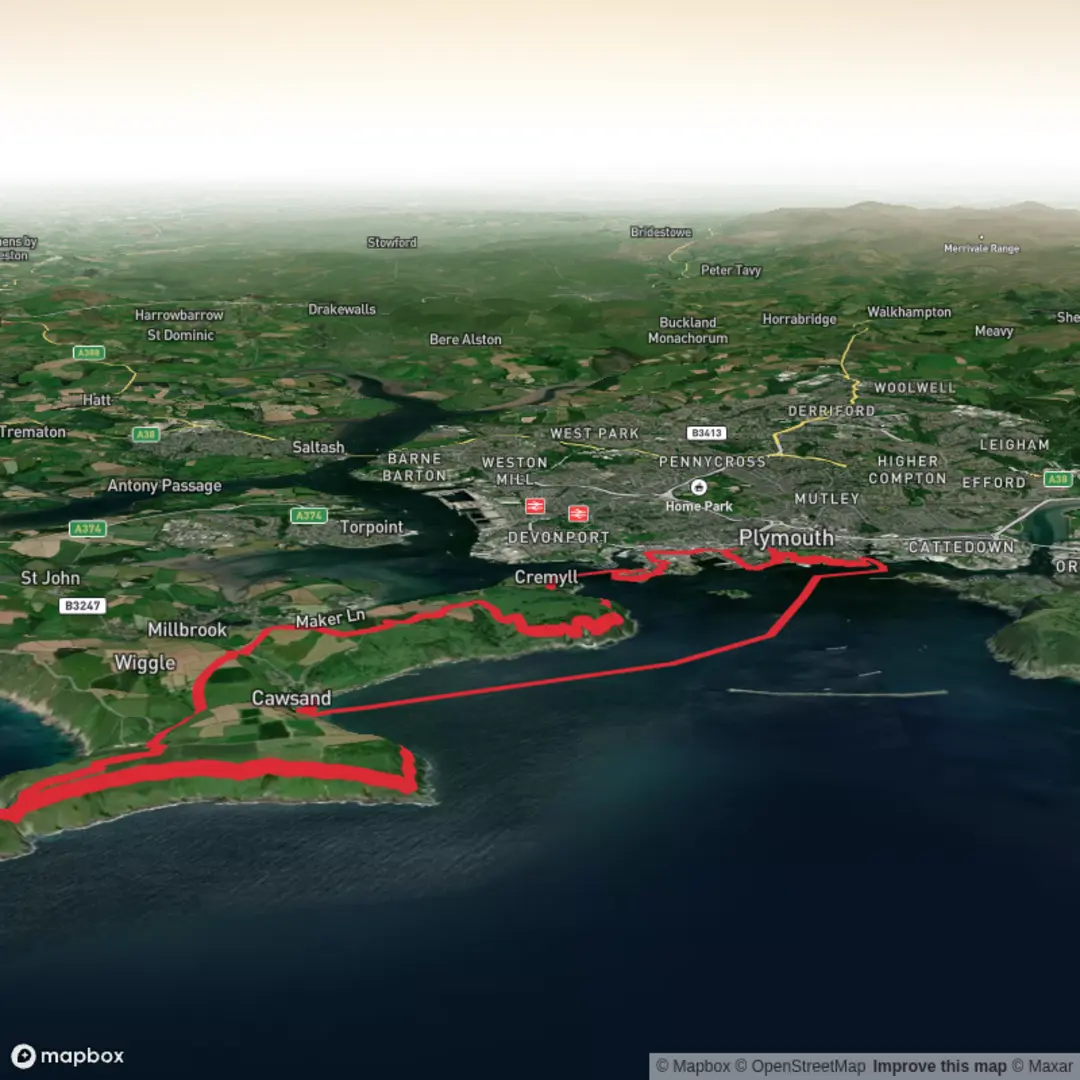 An image depicting the trail Barbican, Cawsand, Rame, Edgecombe, Royal William and Hoe Loop and its surrounding area.