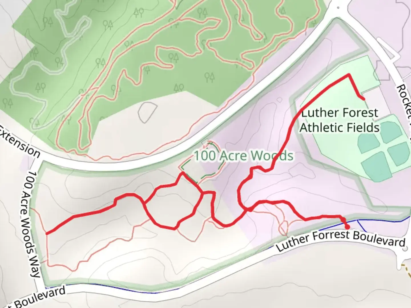 An image depicting the trail Luther Forest - 100 Acre Woods and its surrounding area.