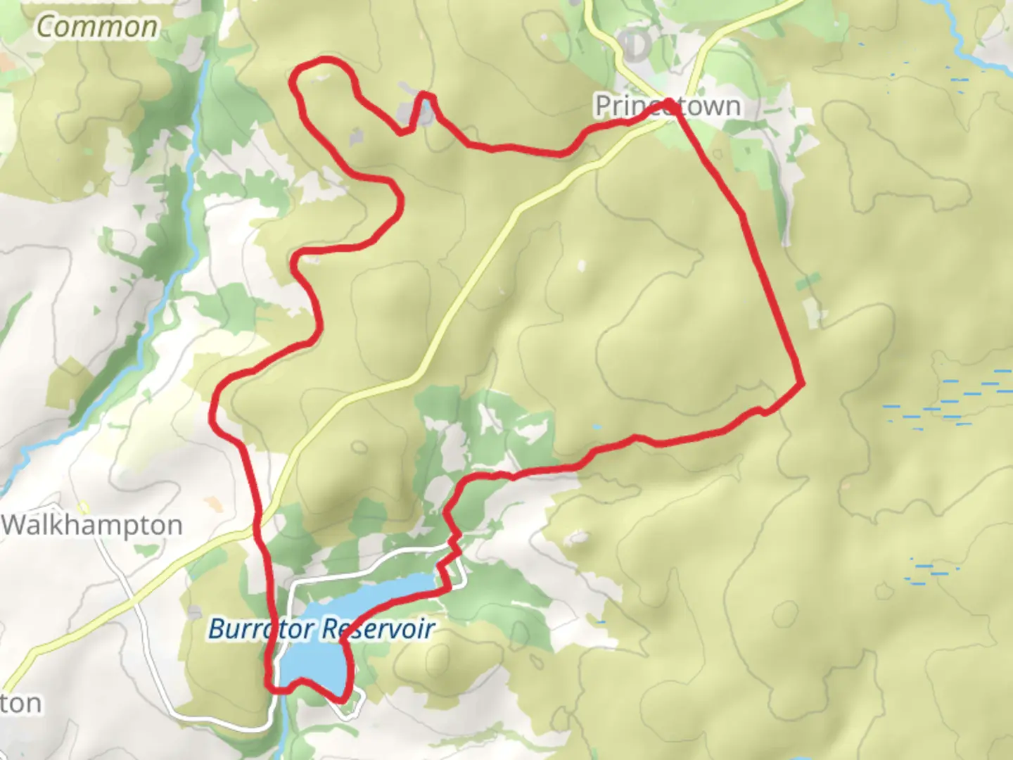 An image depicting the trail Princetown - Burrator Reservoir loop and its surrounding area.