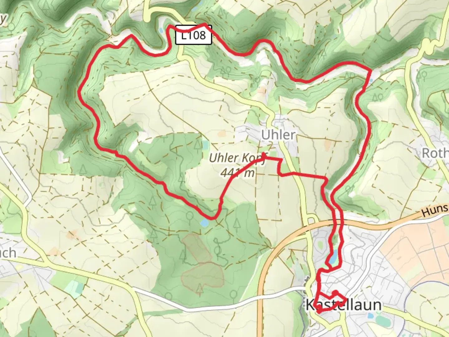 An image depicting the trail Uhler Kopf via 3 Taler Weg and its surrounding area.