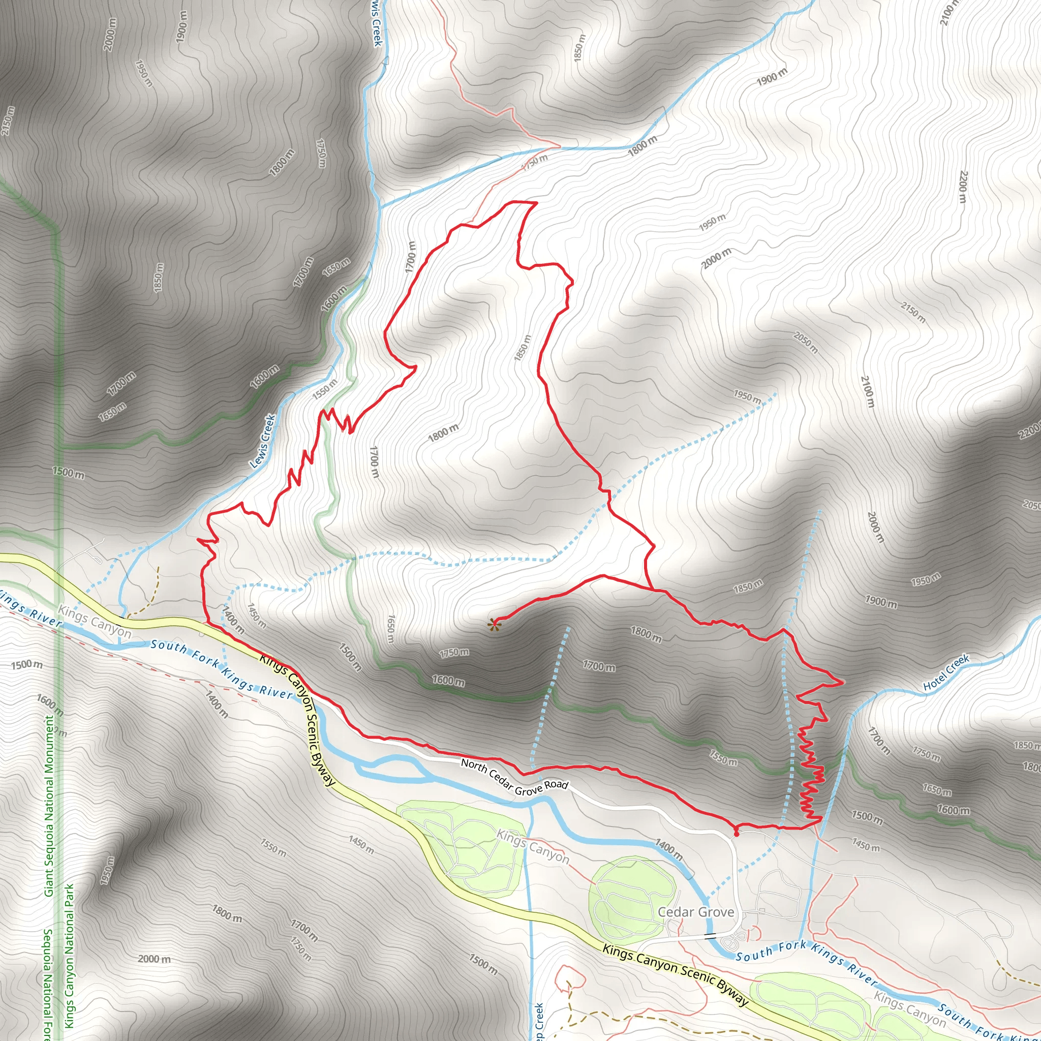 Hotel Creek, Cedar Grove Overlook and Lewis Creek Loop Trail mobile static map
