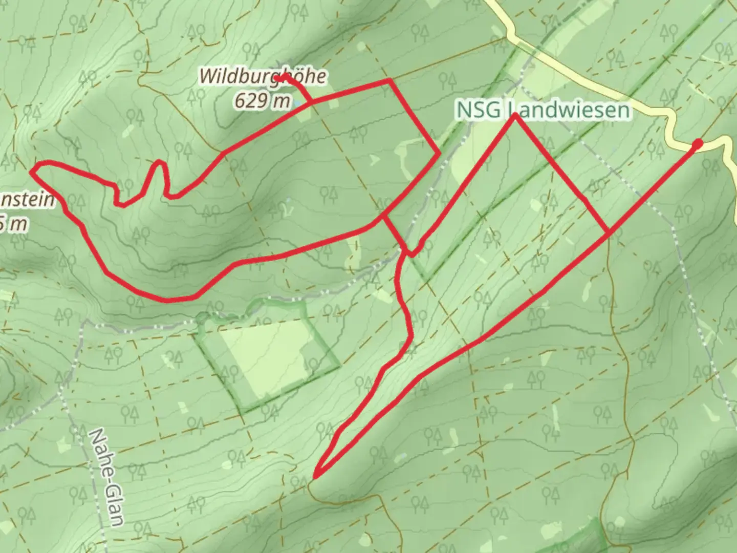 An image depicting the trail Ruine Wildburg Loop via NSG Landwiesen and its surrounding area.