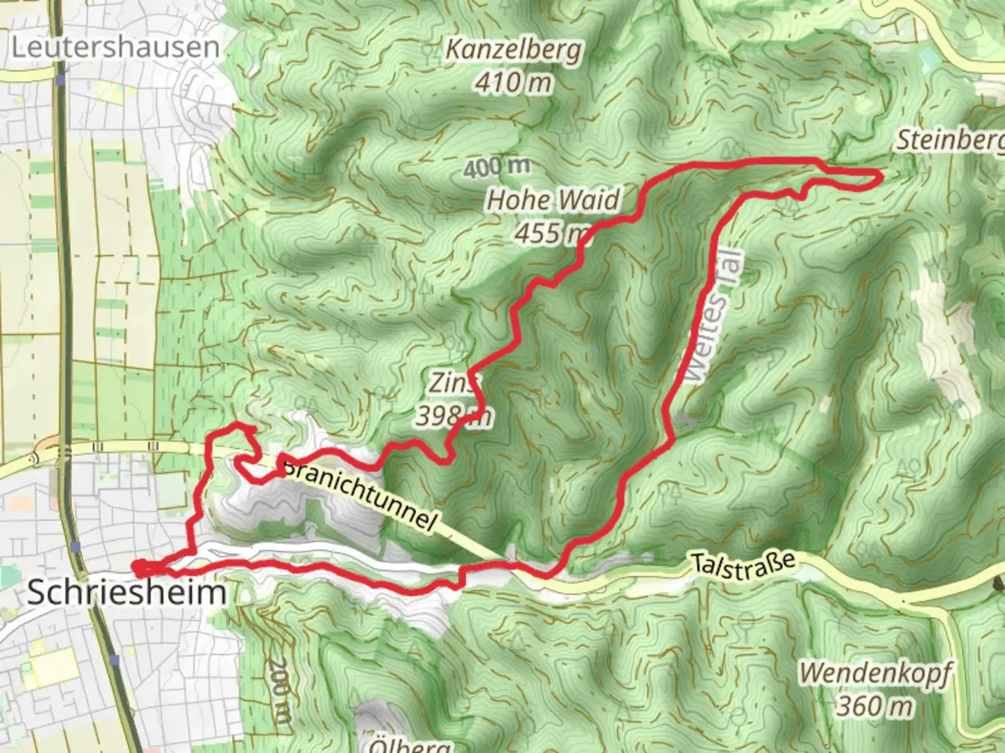 An image depicting the trail Weitbachweg and Zinsweg Loop and its surrounding area.