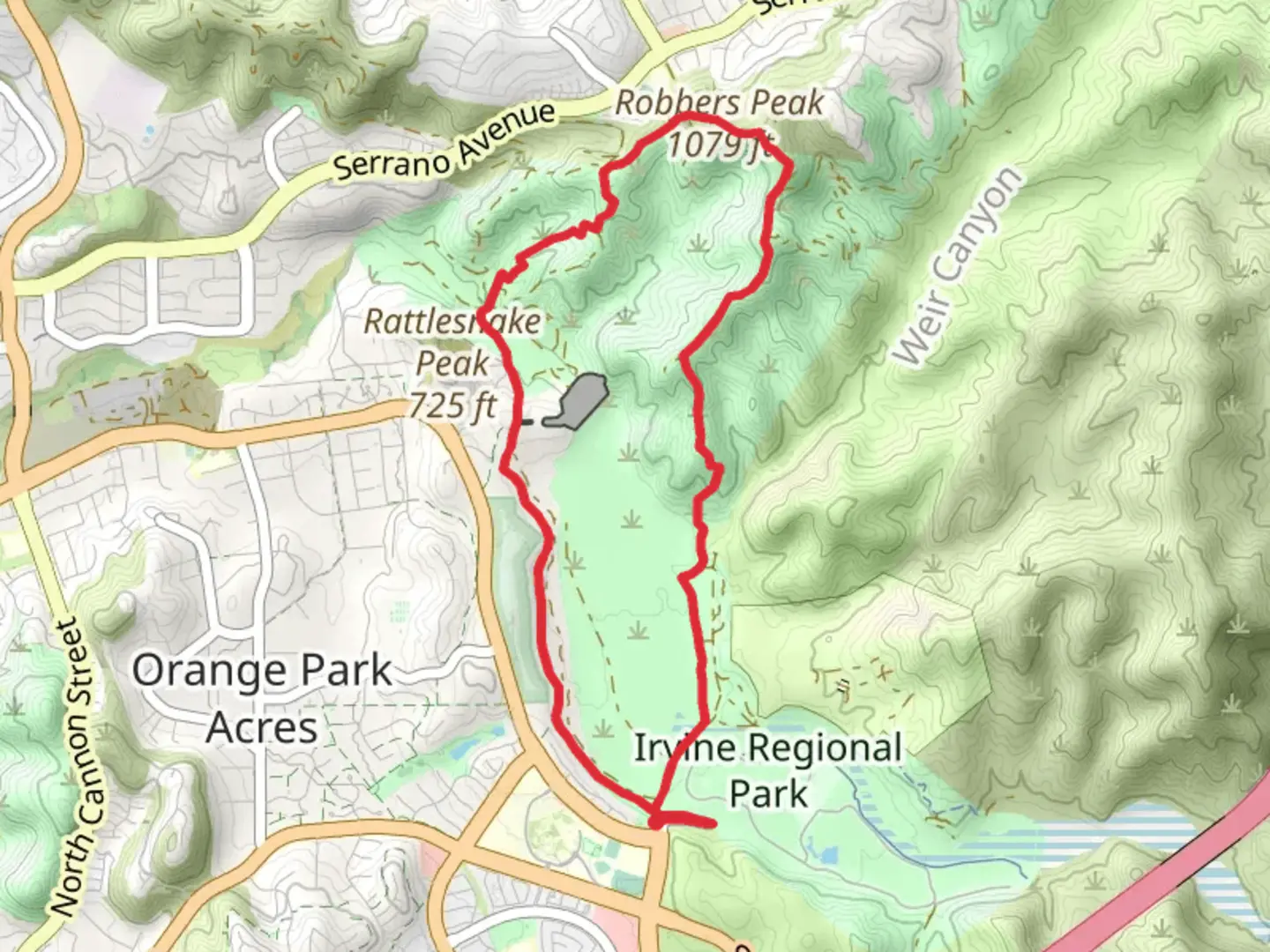 An image depicting the trail Santiago Creek and Barham Ridge Loop Trail and its surrounding area.