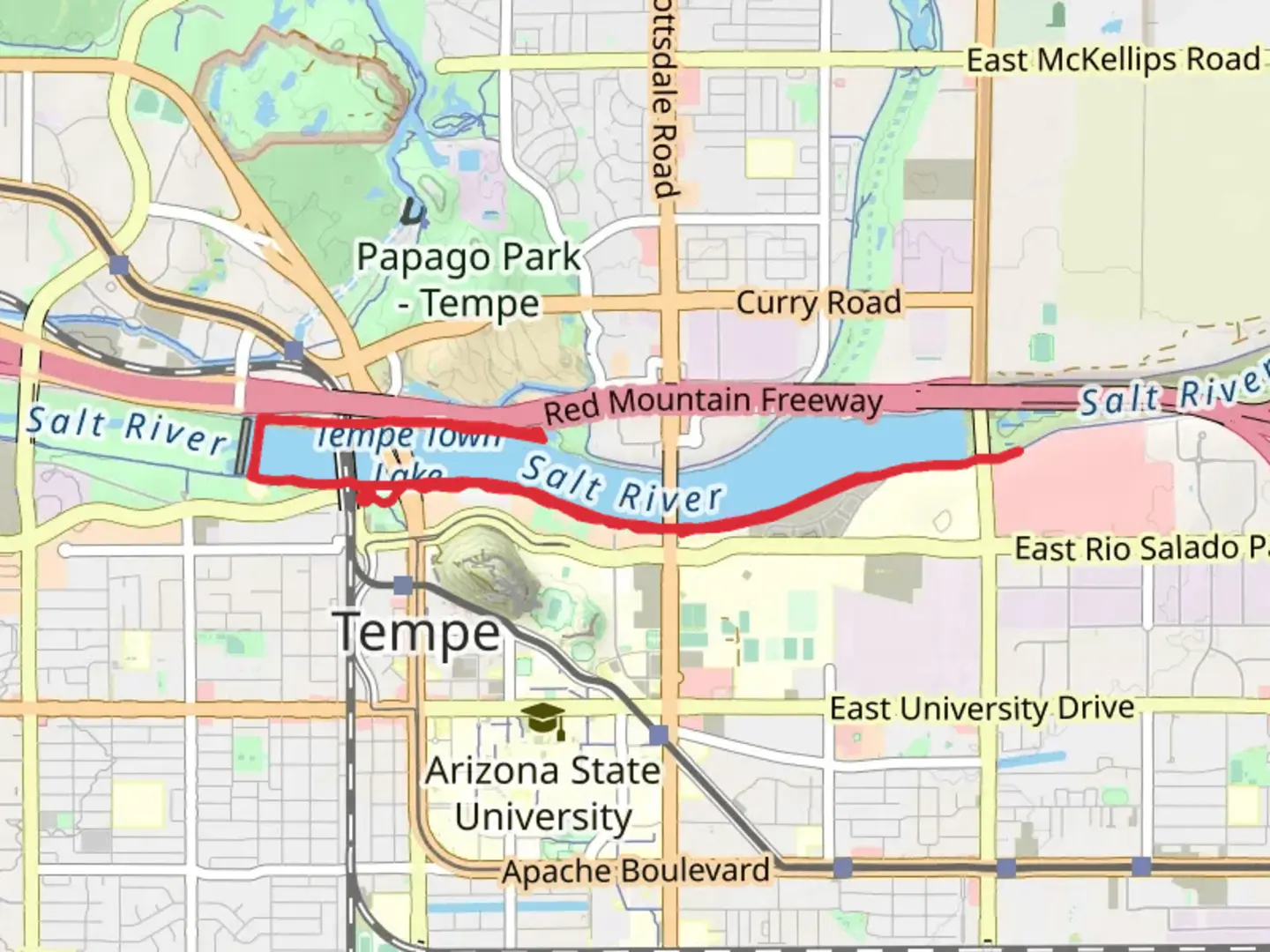 An image depicting the trail Tempe Town Lake - Rio Salado Pathway and its surrounding area.