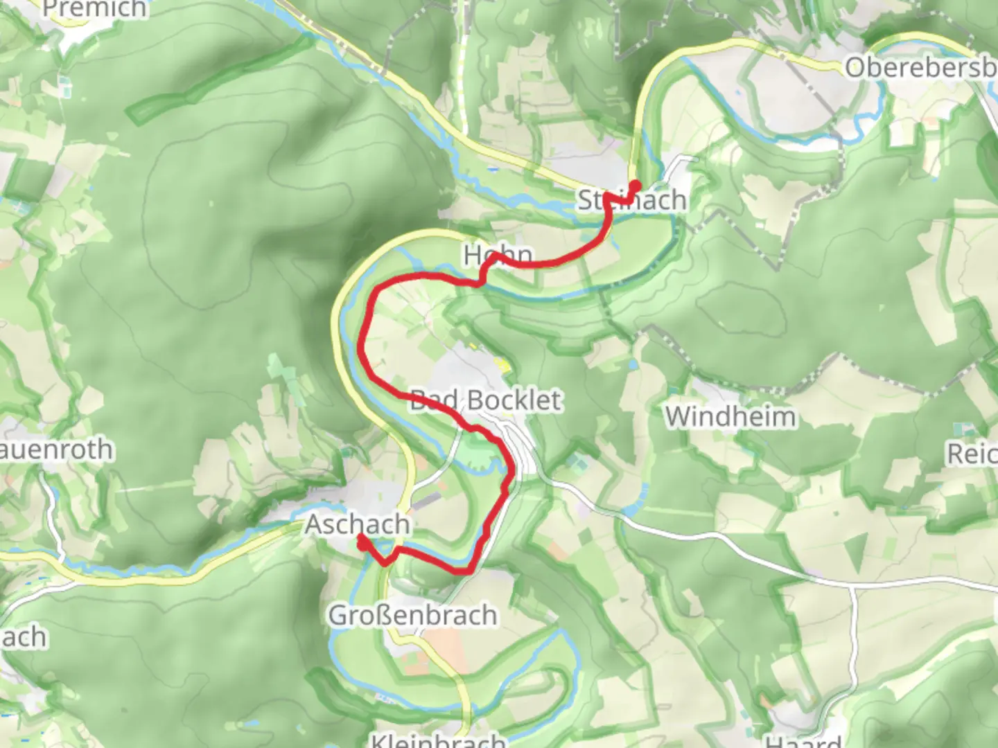 An image depicting the trail Aschach to Steinach via Bad Bocklet Rundweg and its surrounding area.
