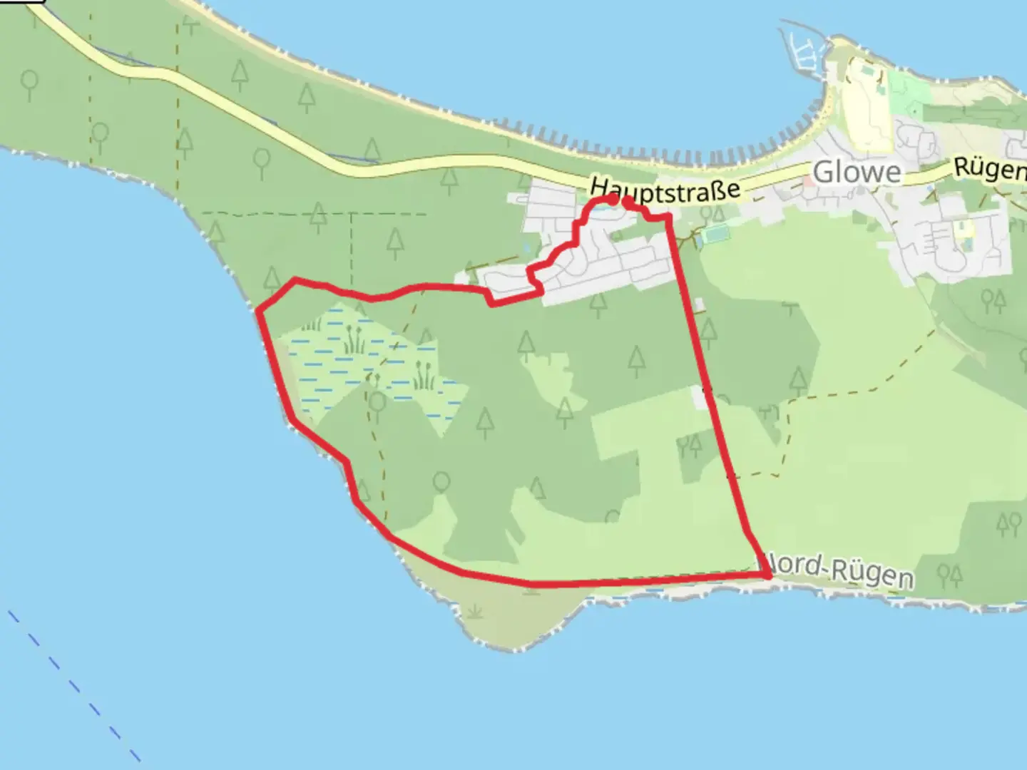 An image depicting the trail Glowe Loop and its surrounding area.