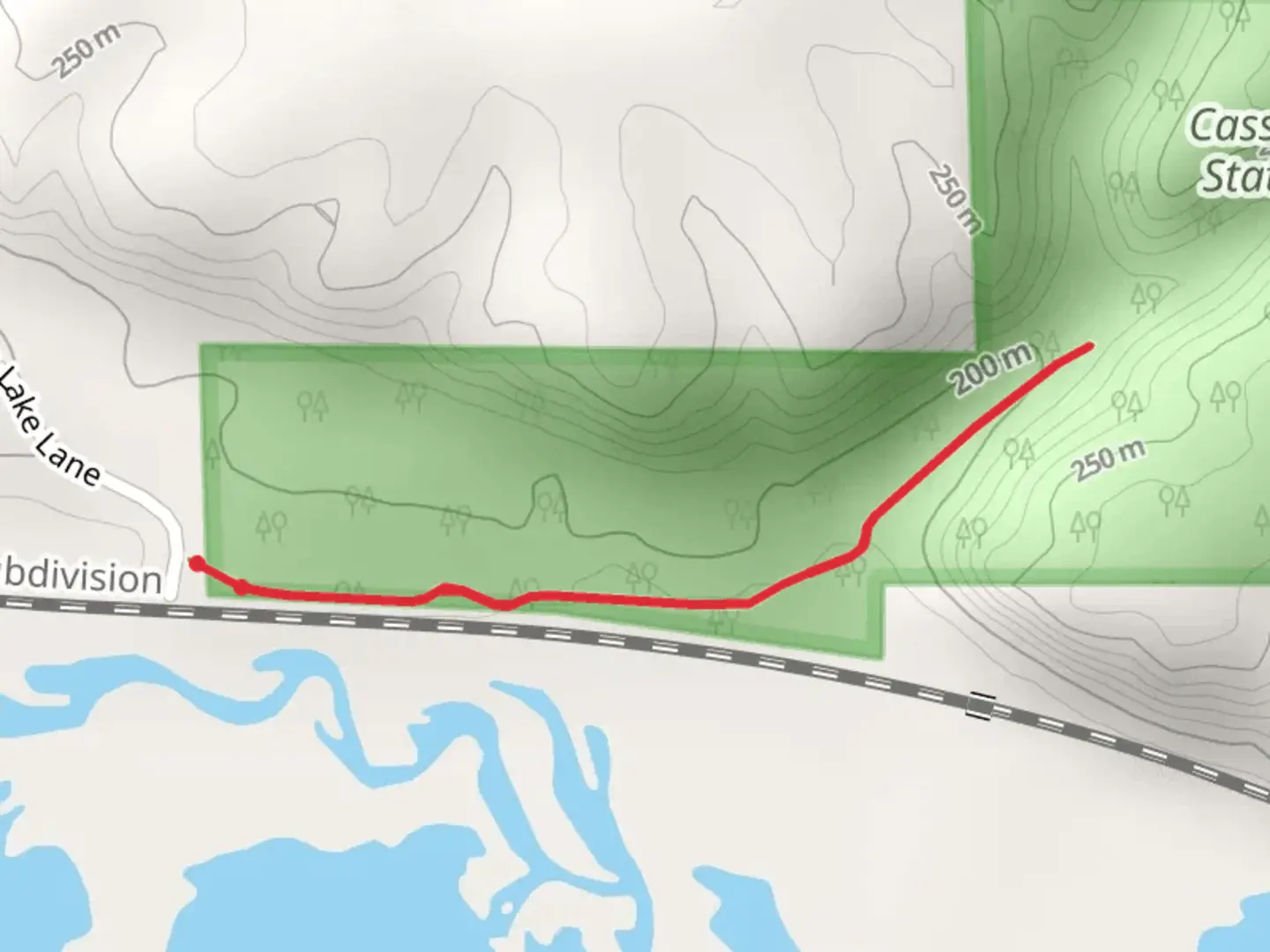 An image depicting the trail Cassville Bluffs State Natural Area Walk and its surrounding area.