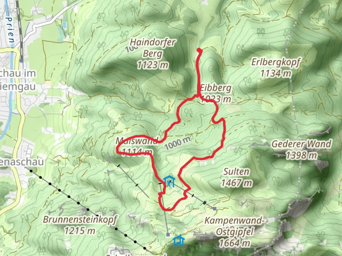 An image depicting the trail Goriloch and Maiswand Loop via Wanderweg and its surrounding area.