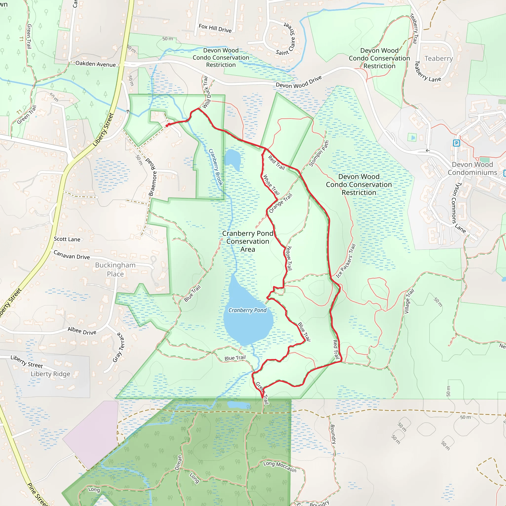 Cranberry Pond via Red Trail - White Trail - Blue Trail mobile static map