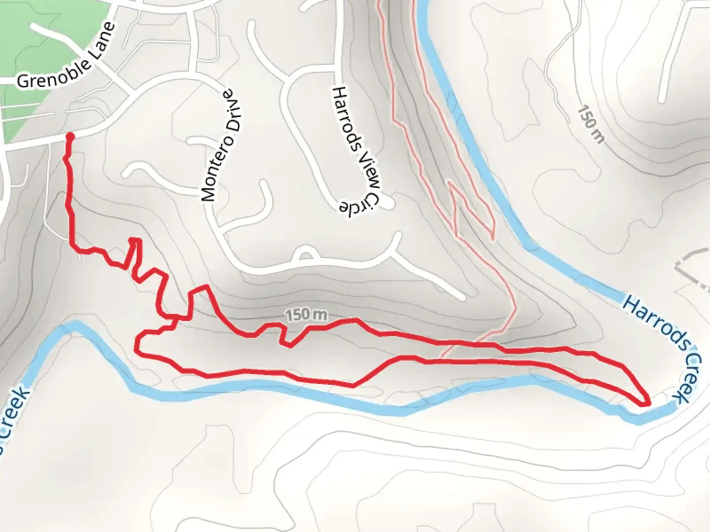 An image depicting the trail Harrods Creek Park Loop Trail and its surrounding area.