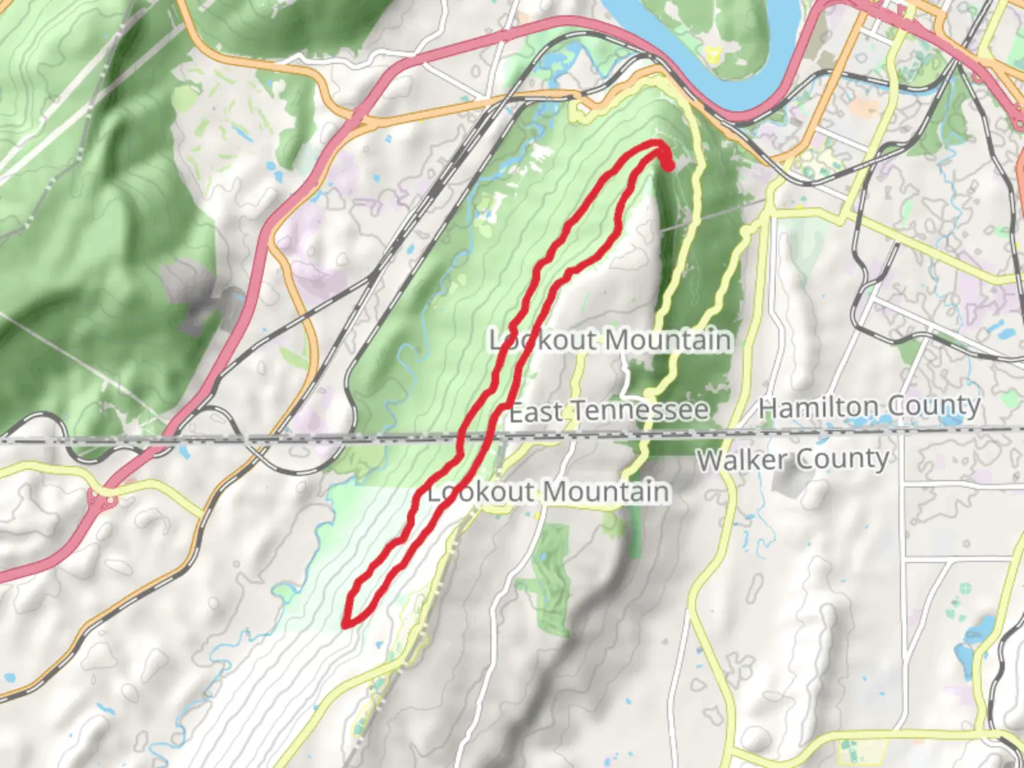 An image depicting the trail Cravens House Trail, Bluff Trail and Upper Loop Trail and its surrounding area.