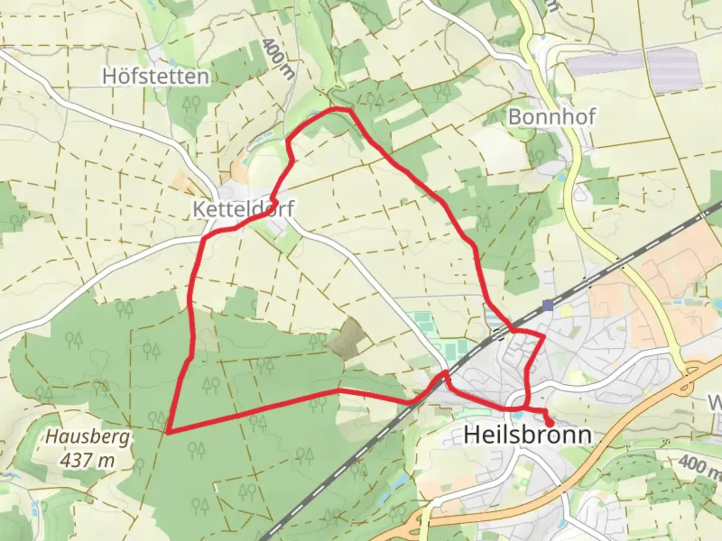 An image depicting the trail Heilsbronner Rundweg and its surrounding area.