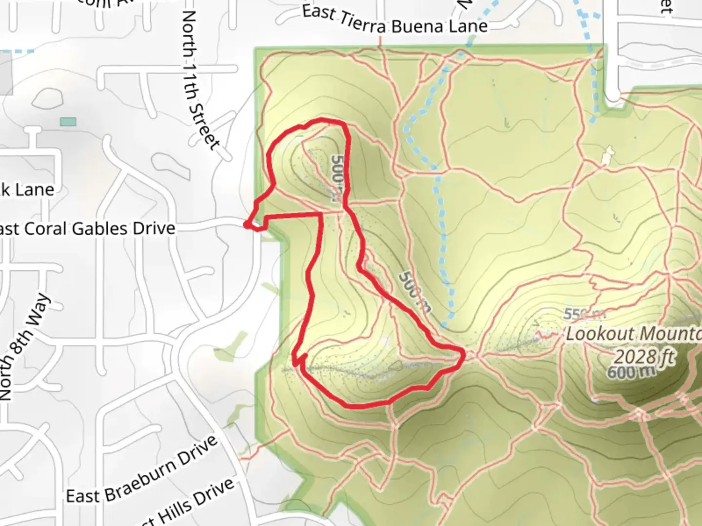 An image depicting the trail Lookout Mountain Circumference Loop Trail and its surrounding area.
