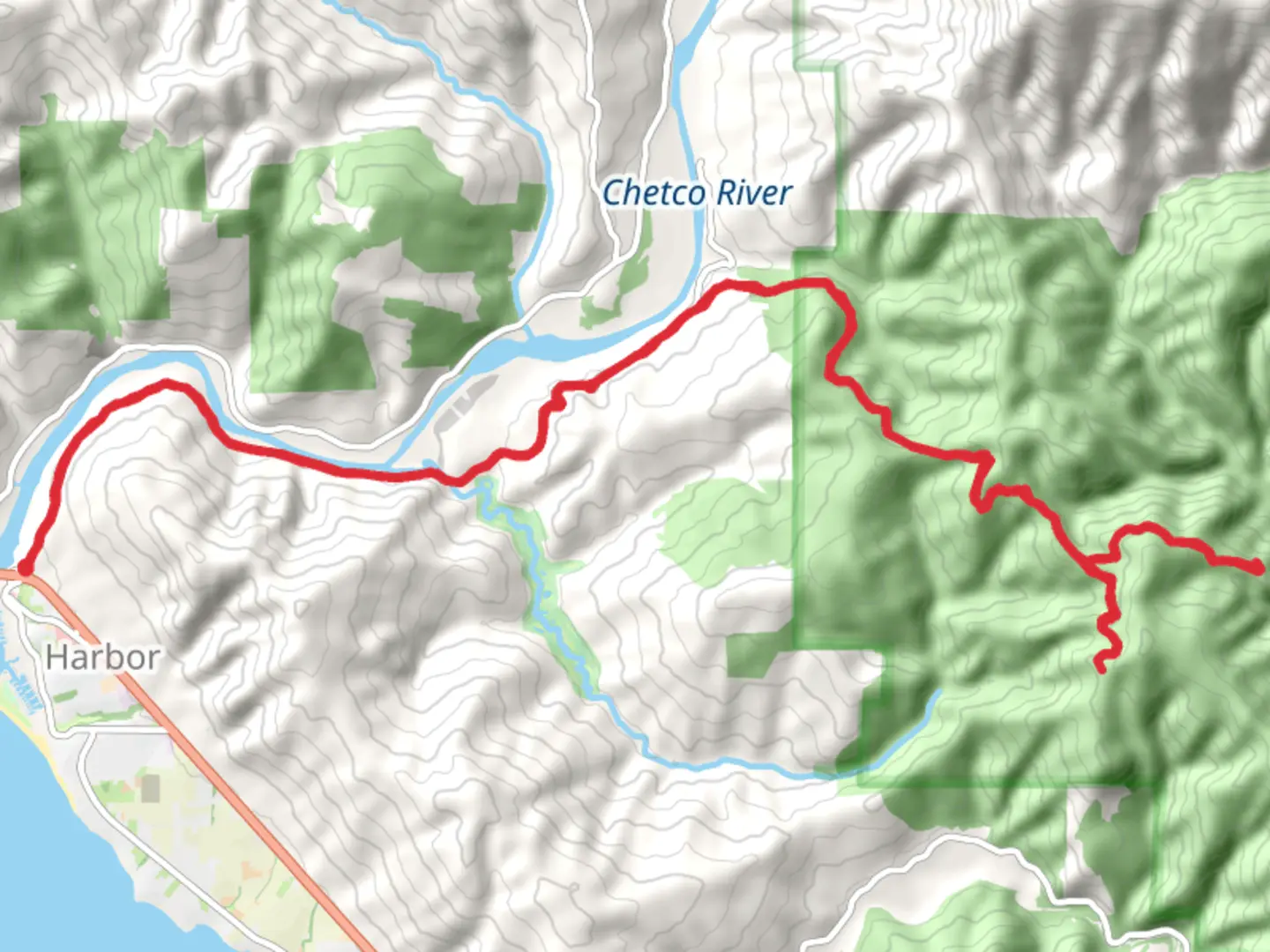 An image depicting the trail Chetco River and Mill Creek and its surrounding area.