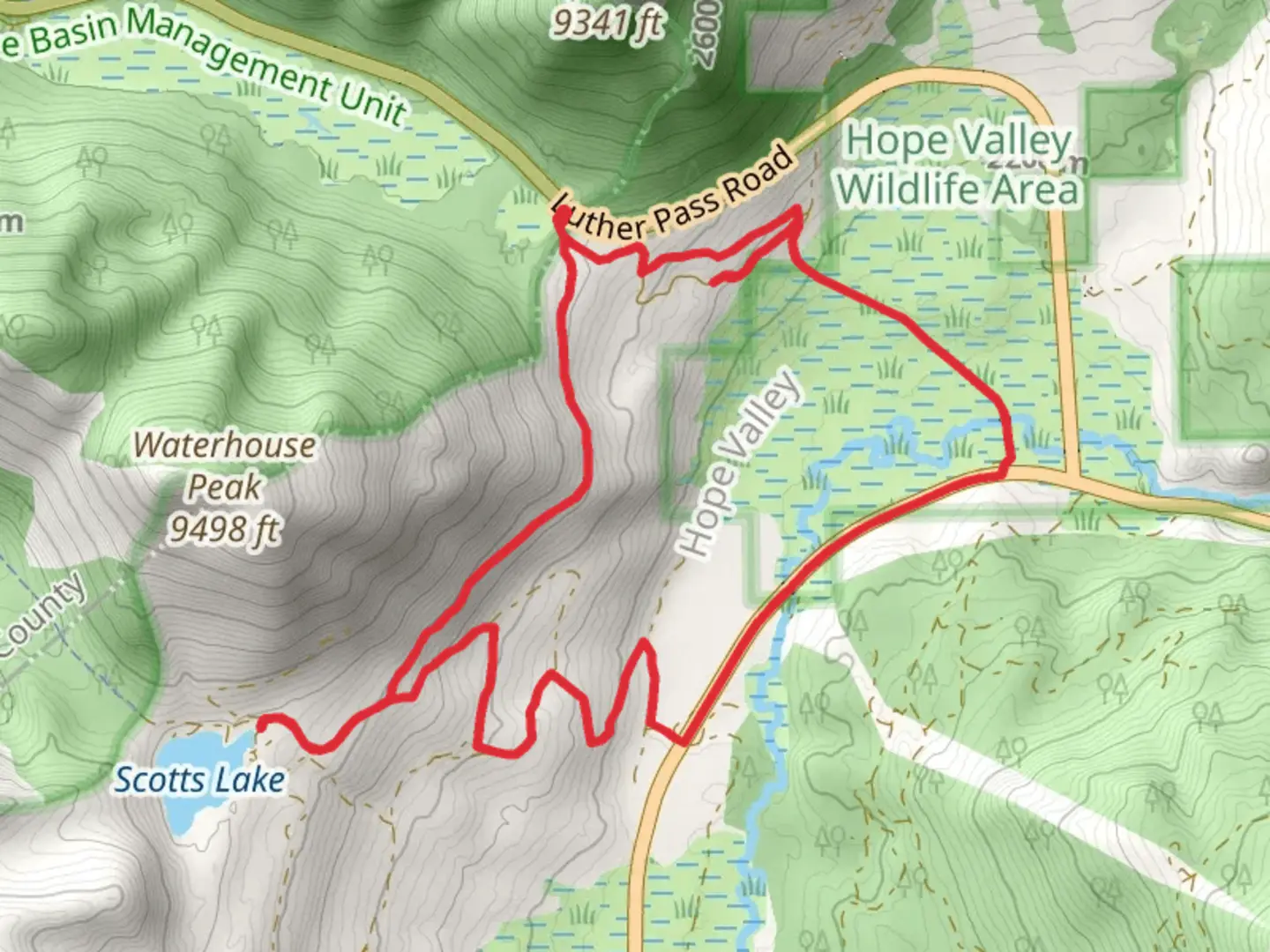 An image depicting the trail Scotts Lake and Luther Pass Loop and its surrounding area.