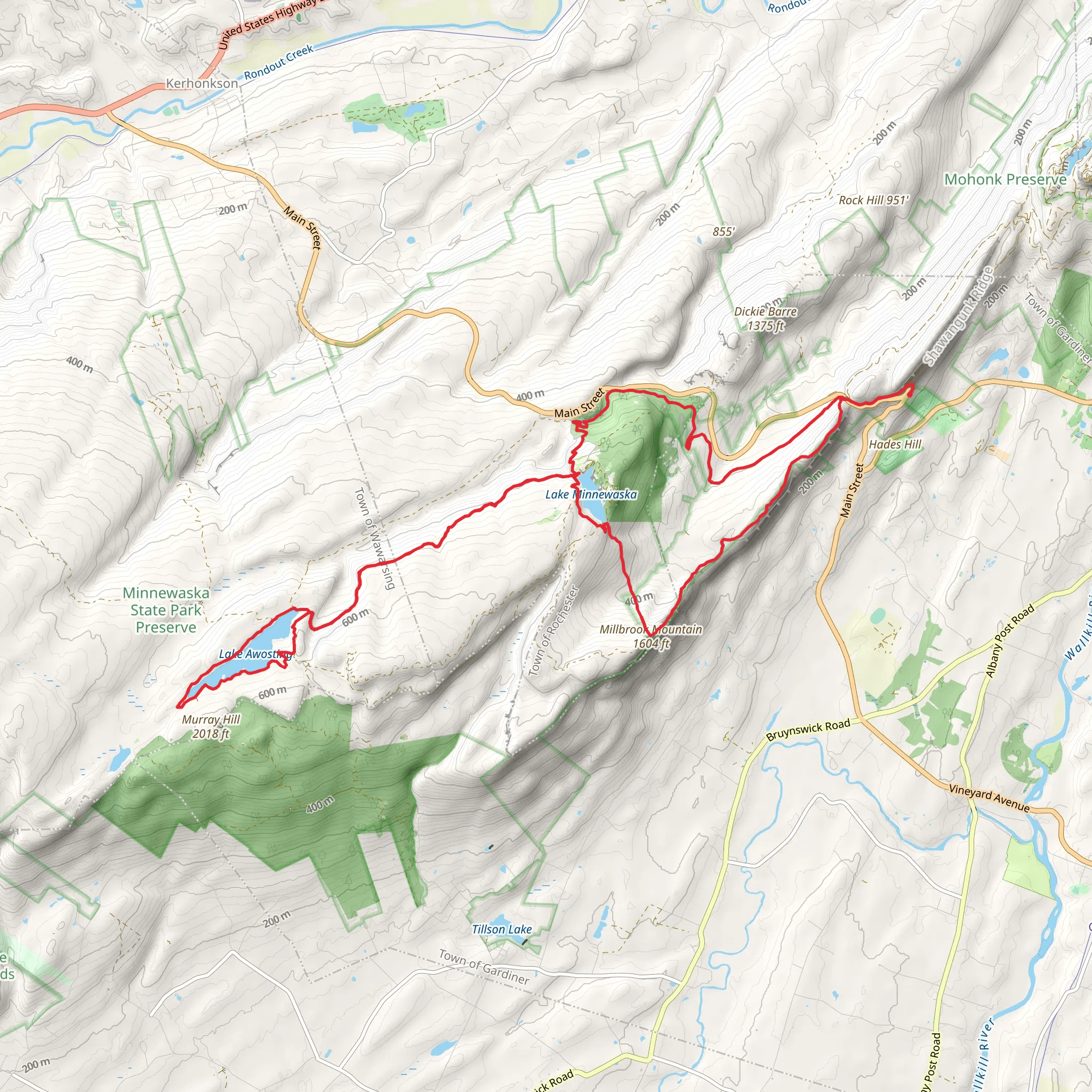 Lake Minnewaska, Lake Awosting and Millbrook Mountain Loop mobile static map