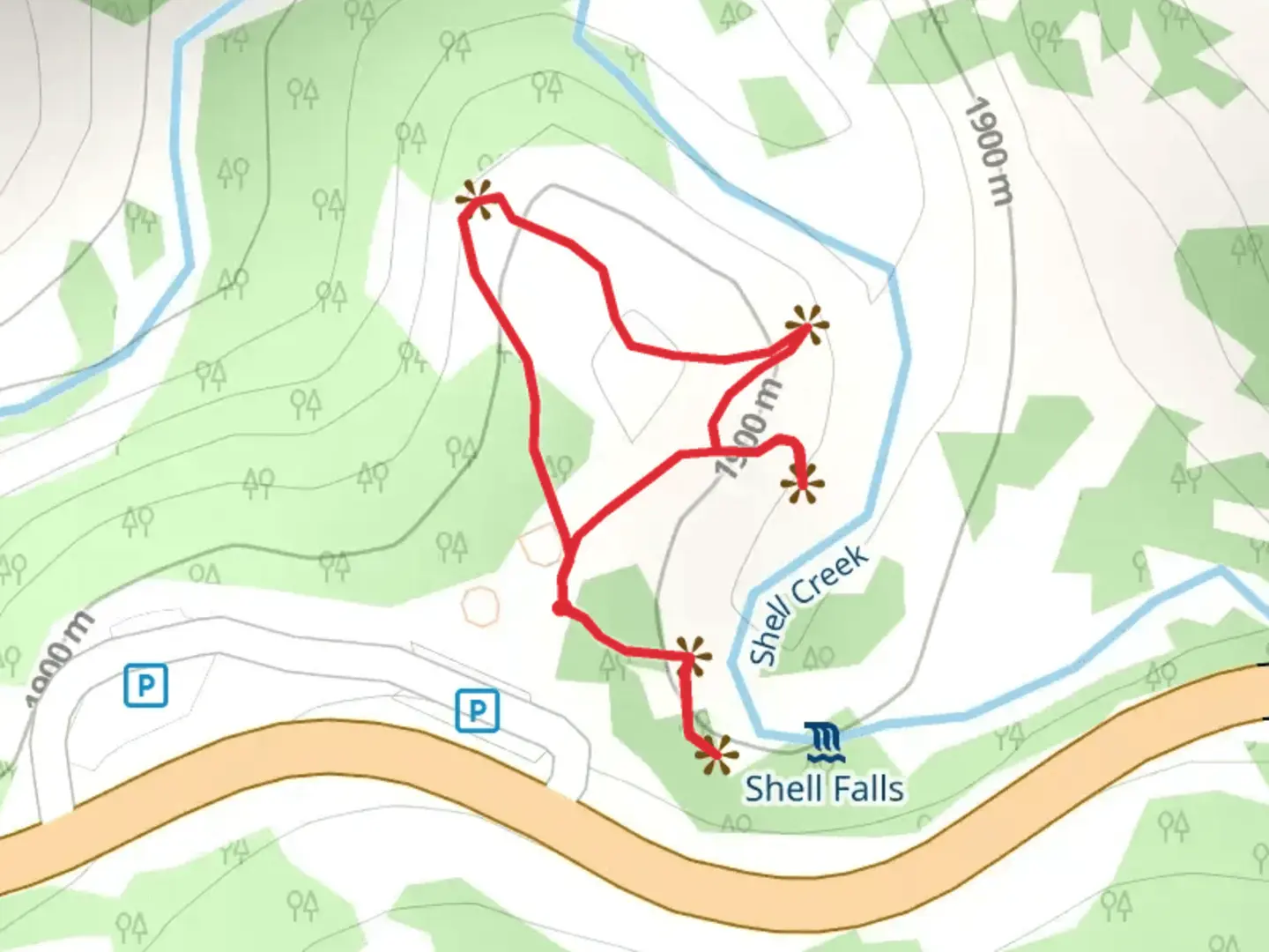 An image depicting the trail Shell Falls - Shell Creek Loop and its surrounding area.