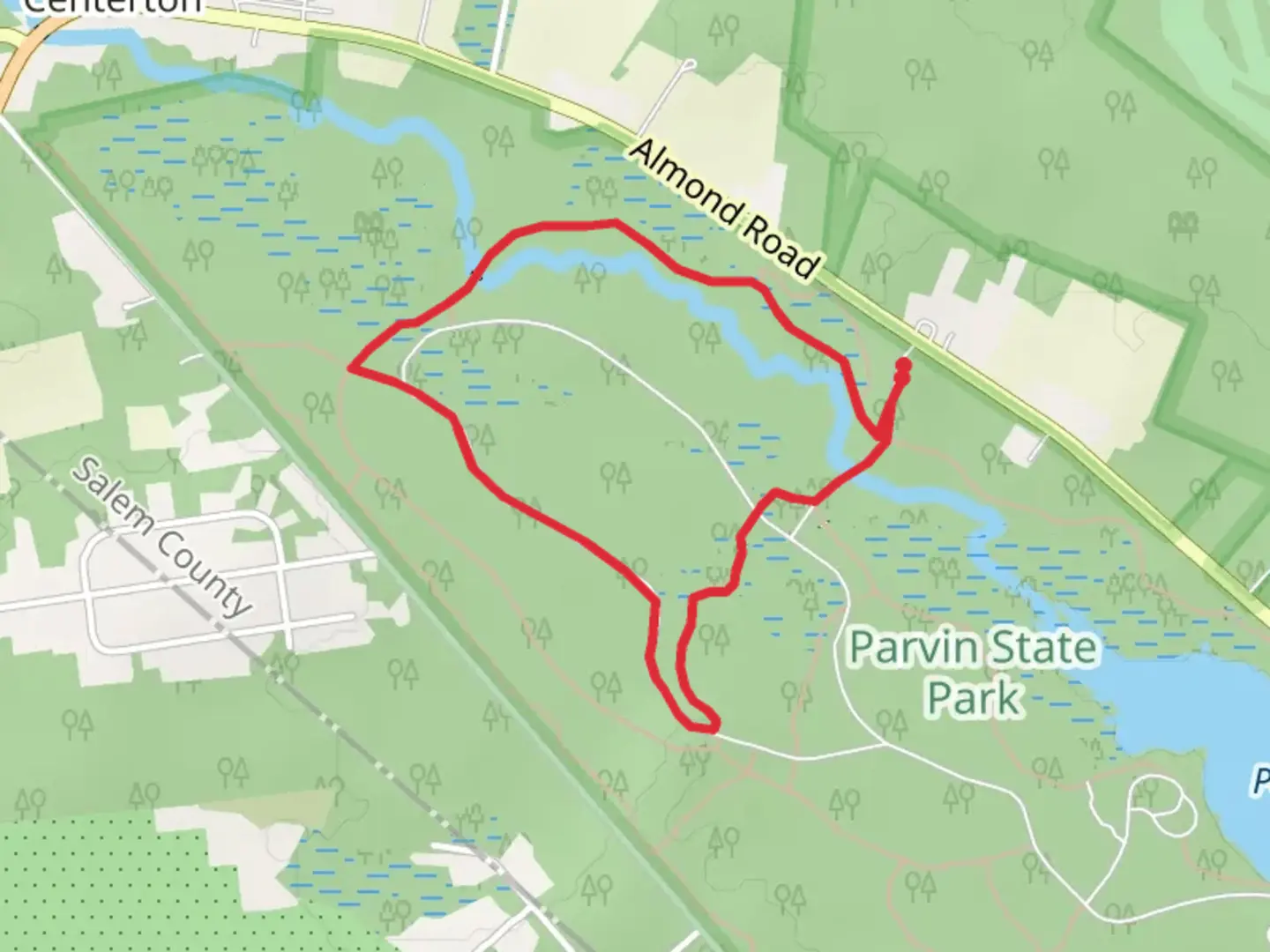 An image depicting the trail Forest Road - Blue Trail, Knoll - Orange Trail and Muddy Run Loop and its surrounding area.