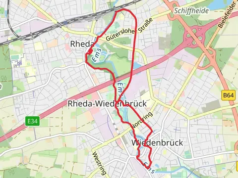 Erlenbruch and Emssee via Emsweg and Ems Wall Promenade