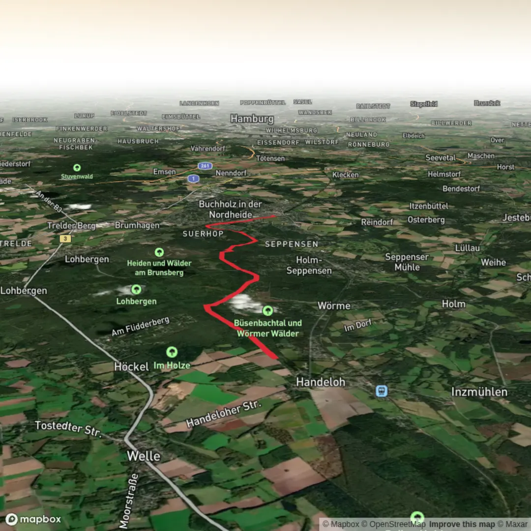 An image depicting the trail D-Ticket HSW Handeloh to Buchholz i.d.N and its surrounding area.