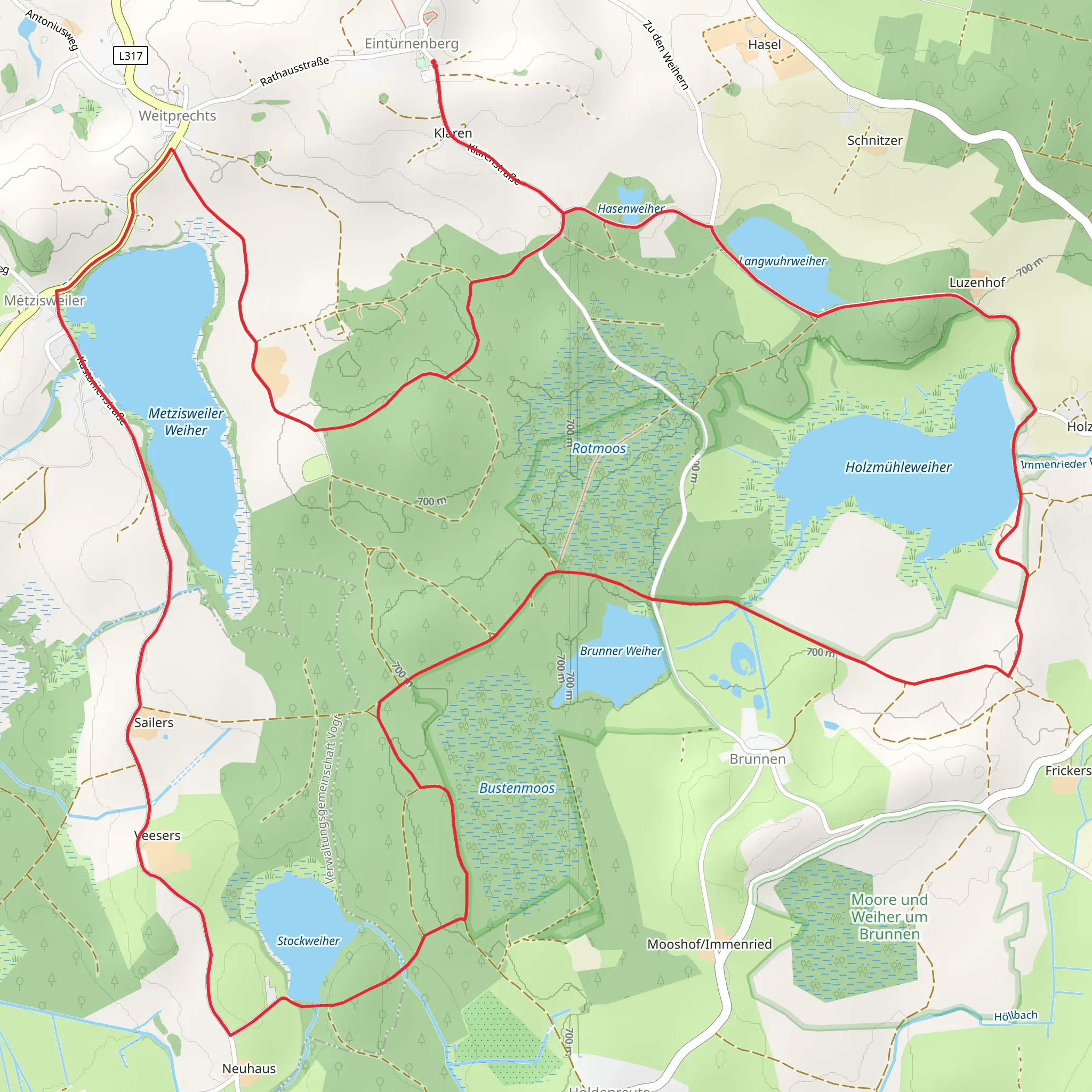 Langwuhrweiher, Holzmuehleweiher and Metzisweiler Weiher via Moos Weg mobile static map