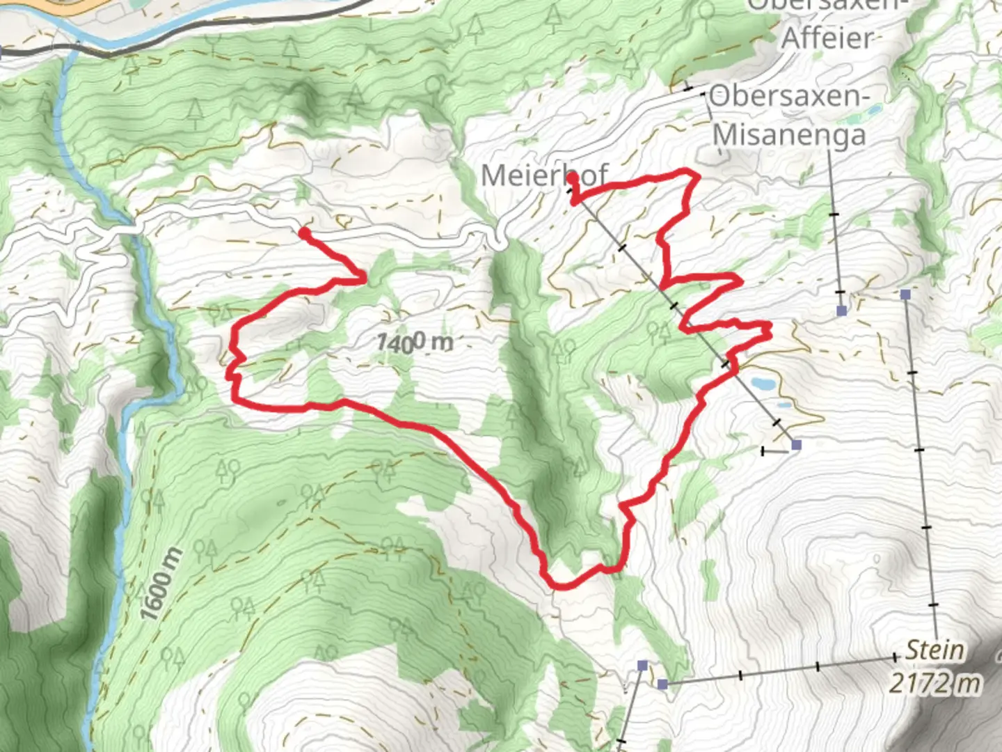 An image depicting the trail Walserweg Obersaxen and its surrounding area.