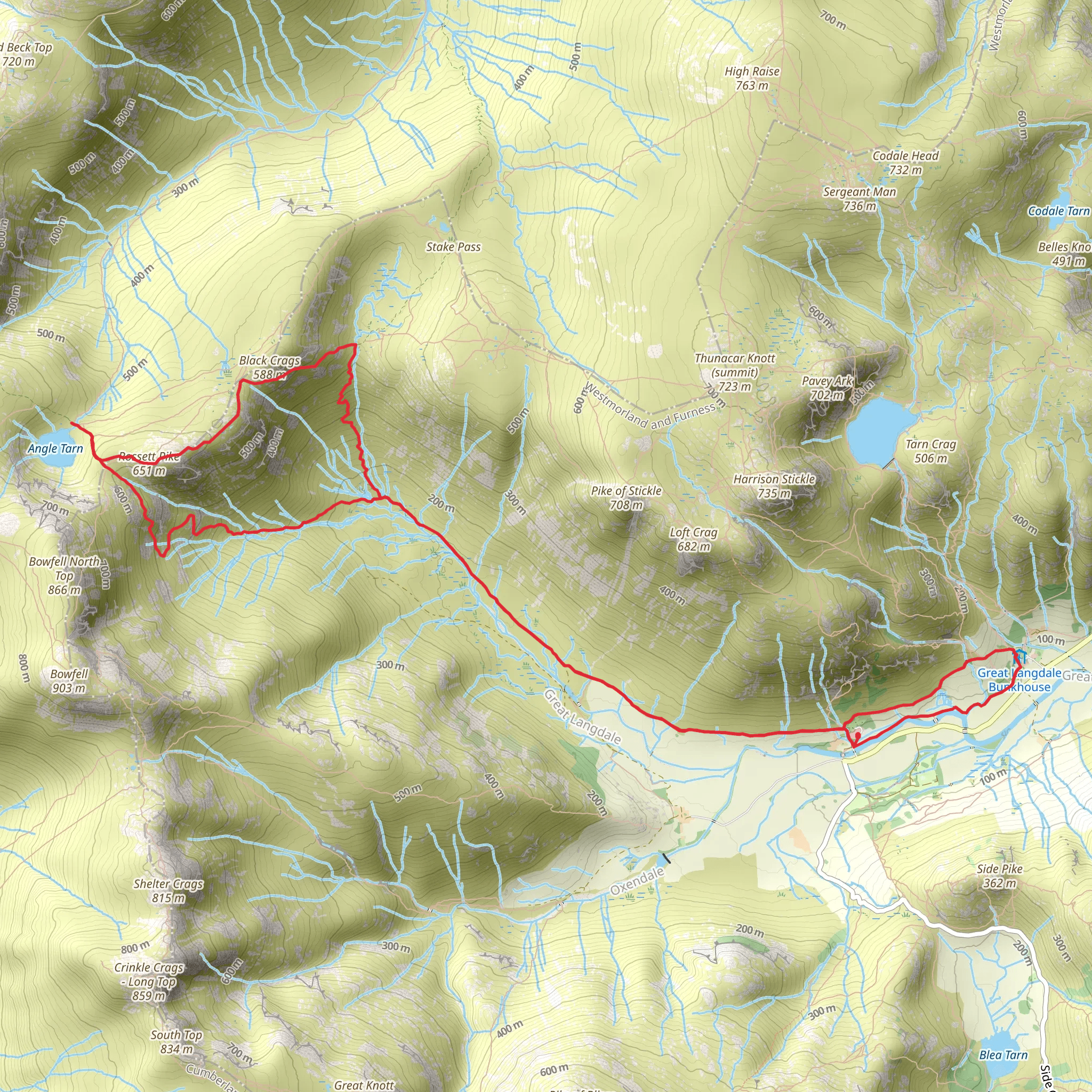 Angle Tarn, Rossett Pike and Old and New Dungeon Ghyll Hotel Loop mobile static map