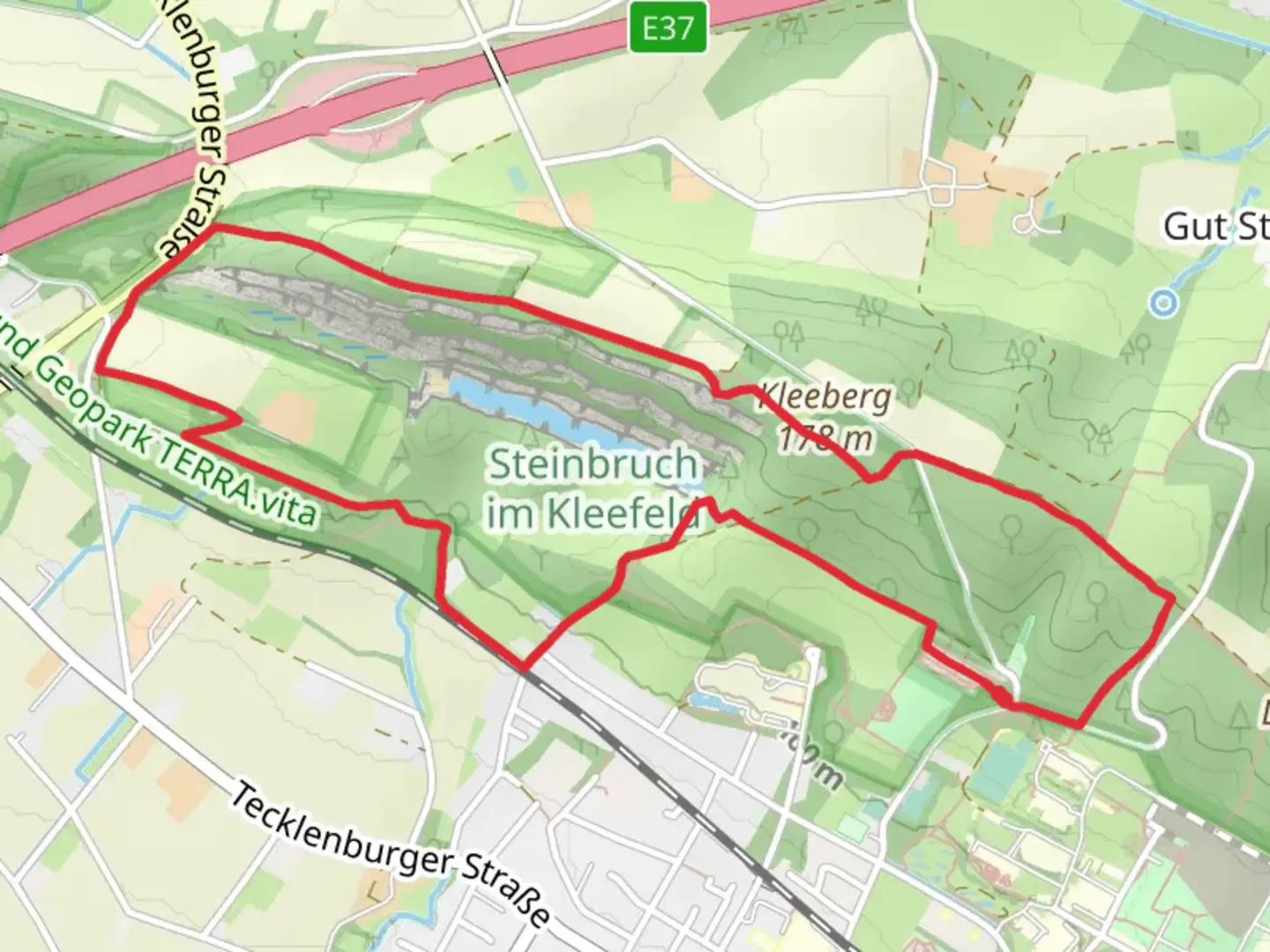 An image depicting the trail Skulpturenpark, Kleeberg and STeinbruch Loop via X18 Rheine Lienen and its surrounding area.