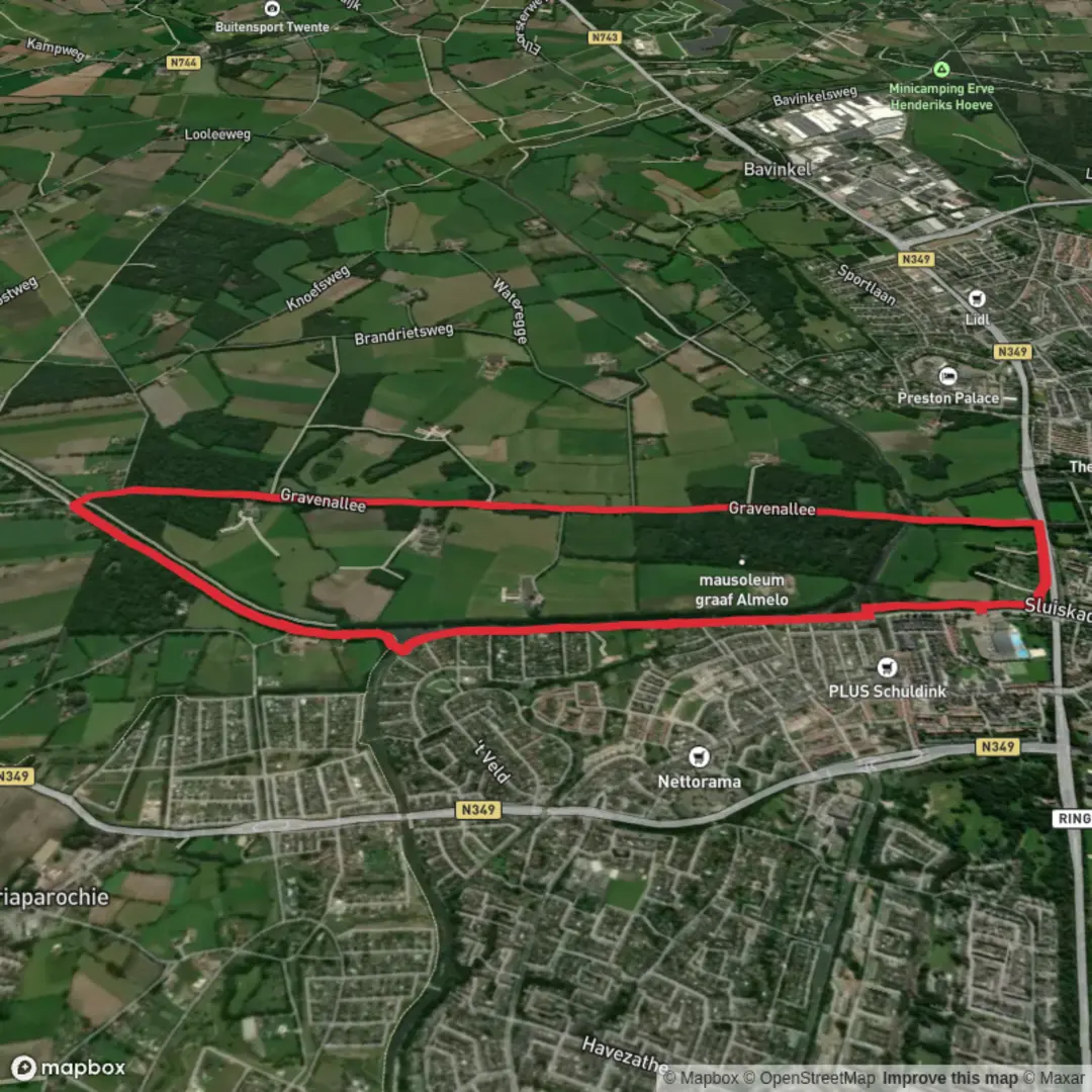 An image depicting the trail Kanaal Almelo - Nordhorn, De Pook and Gravenallee Loop and its surrounding area.