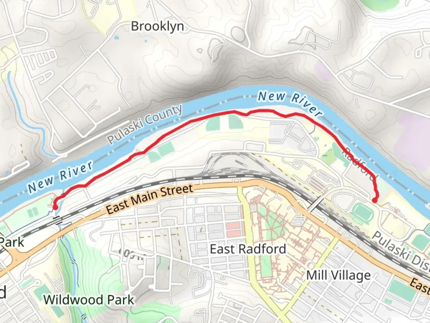 An image depicting the trail New River Shore Walk from Radford and its surrounding area.
