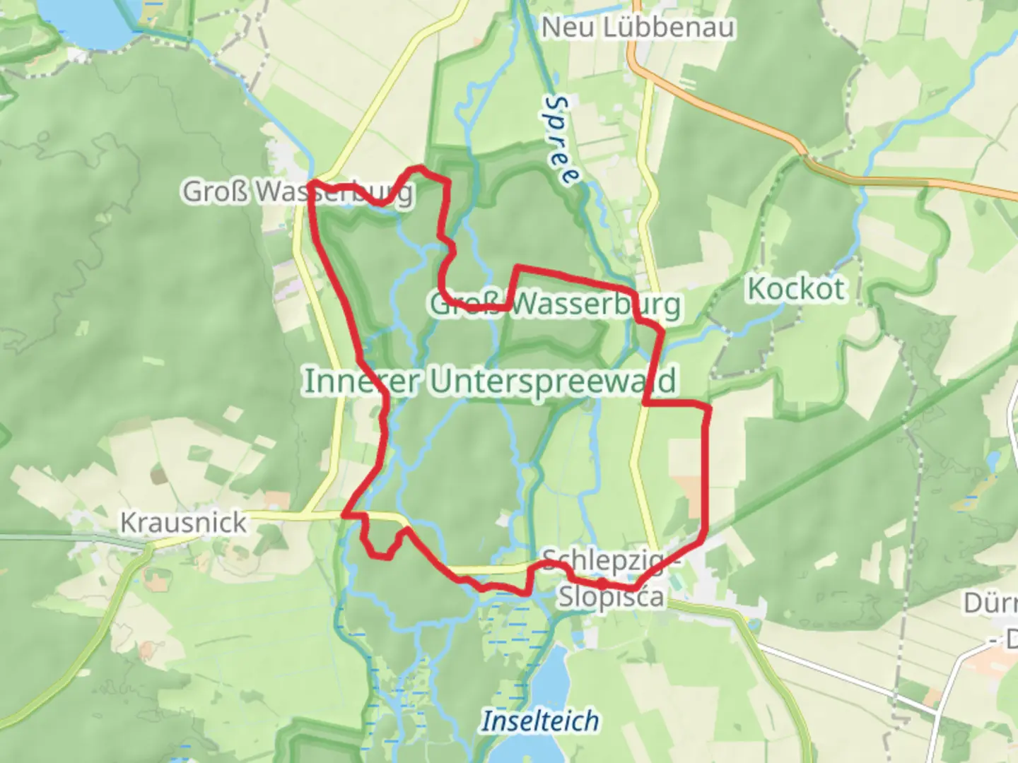 An image depicting the trail Schlepzig and Innerer Unterspreewald Loop and its surrounding area.