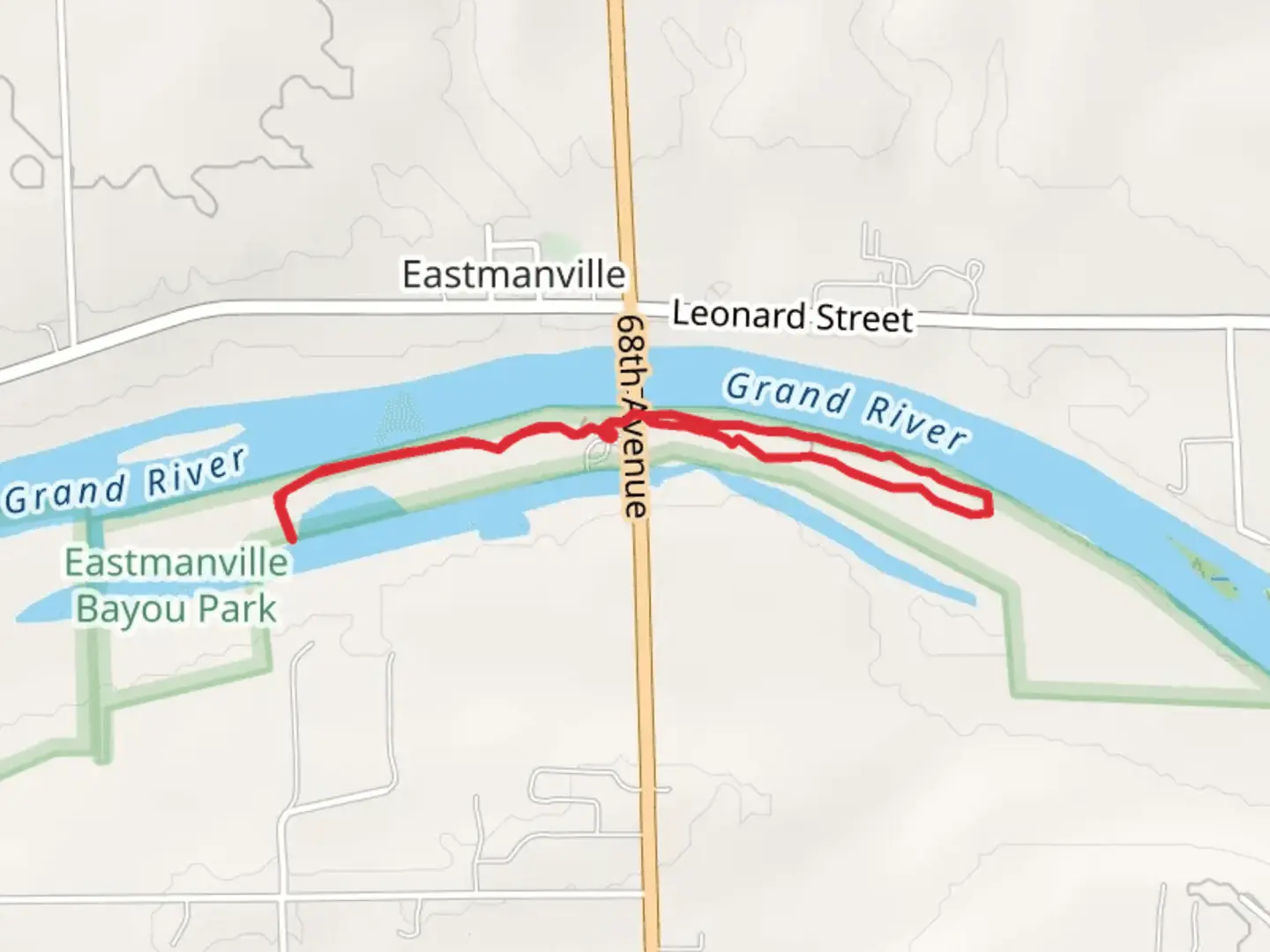 An image depicting the trail Eastmanville Bayou and Grand River Loop and its surrounding area.