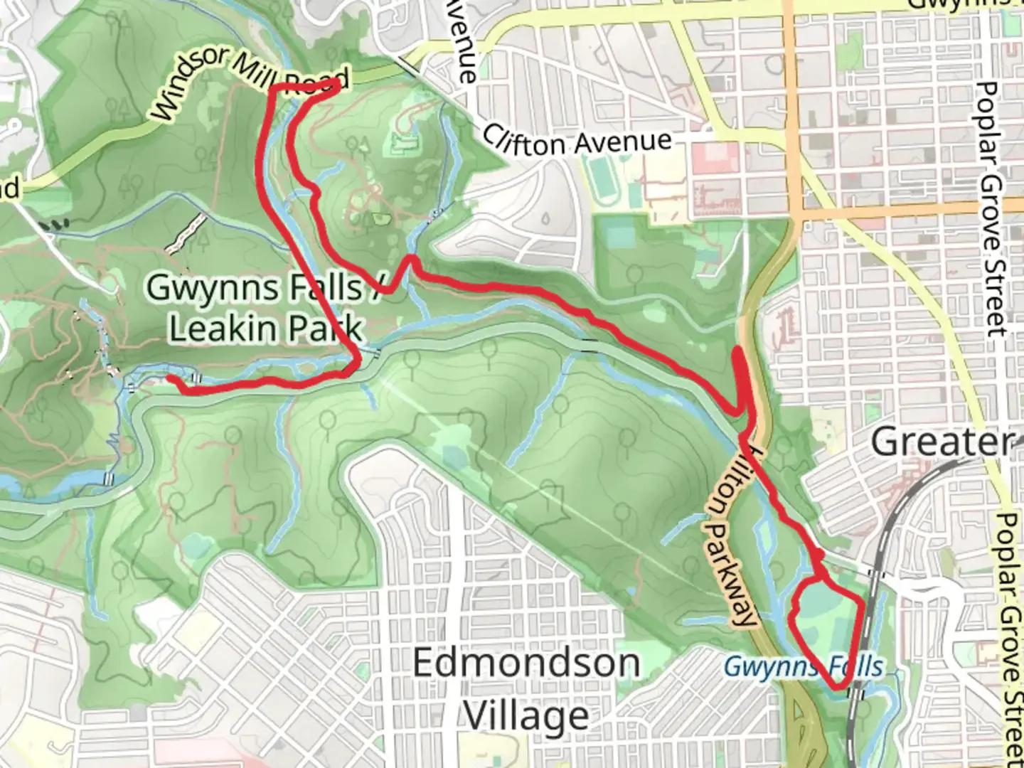 An image depicting the trail Gwynns Falls Trail and its surrounding area.